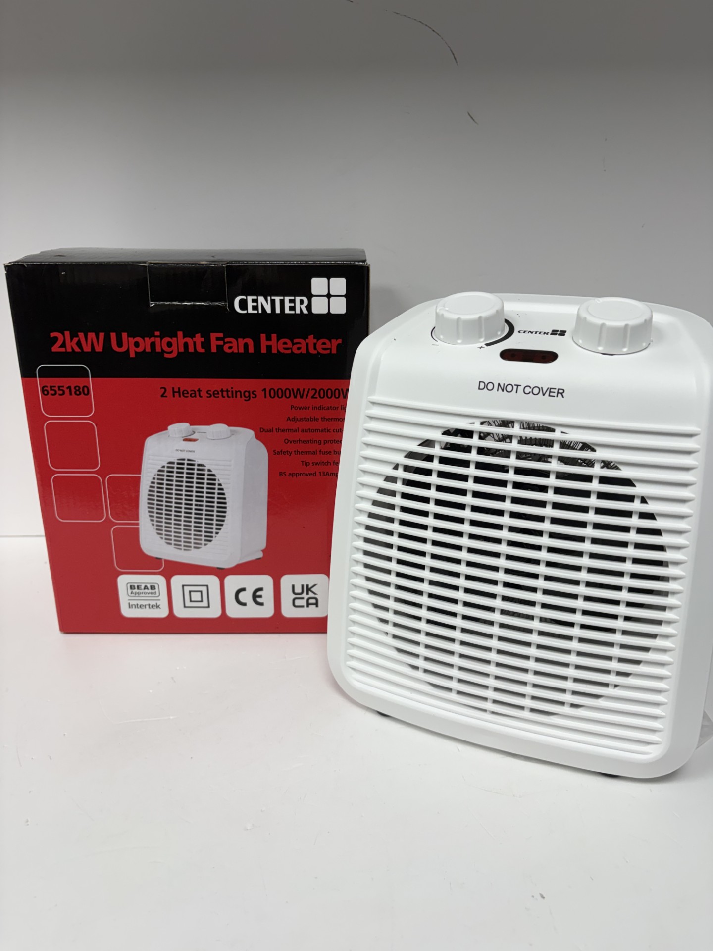 Product photo for center 2kw upright fan heater white boxed