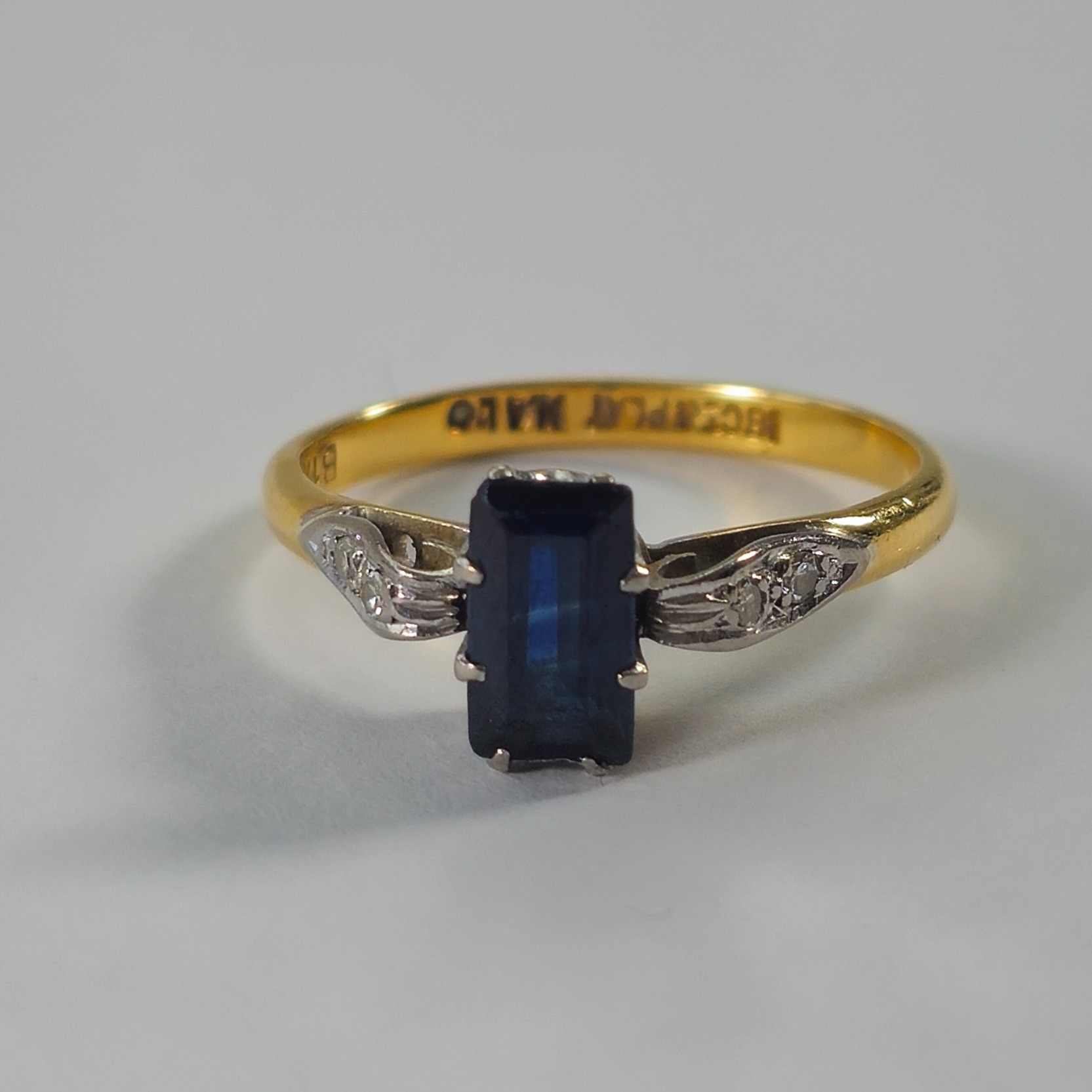Product photo for 18ct Gold Round Diamond & Rectangular Oblong Sapphire Vintage Engagement Style Ring Size N1/2