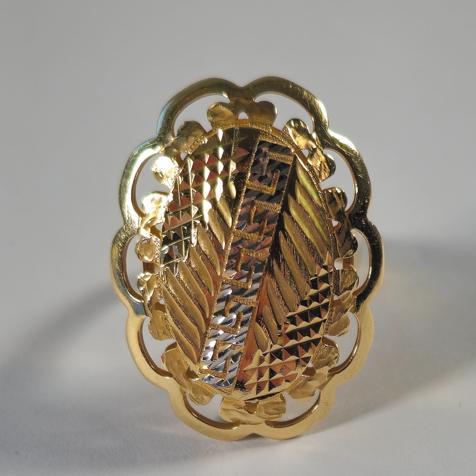 Product photo for 14ct Gold Oval Flower with White Finish Key Pattern Cocktail Ring Size R1/2
