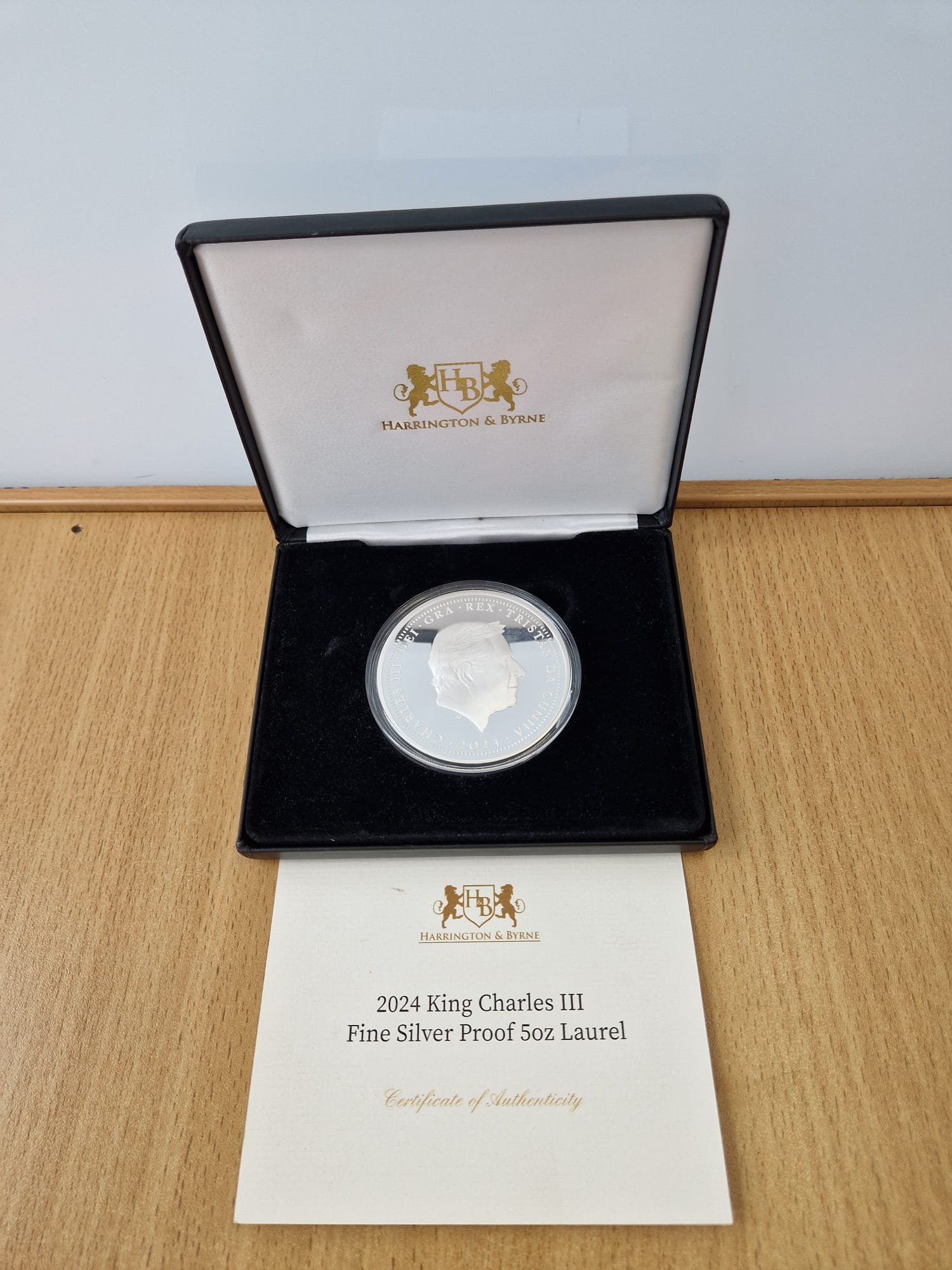 Product photo for Harrington & Byrne 2024 King Charles III 20 Laurel 5oz Silver Proof Coin Boxed COA 12M Warranty