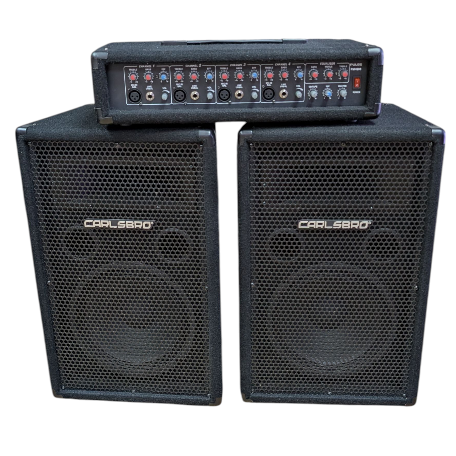 Product photo for Carlsbro AT10 Speakers and Pulse PMH200 4 Channel PA Power Mixer Bundle.