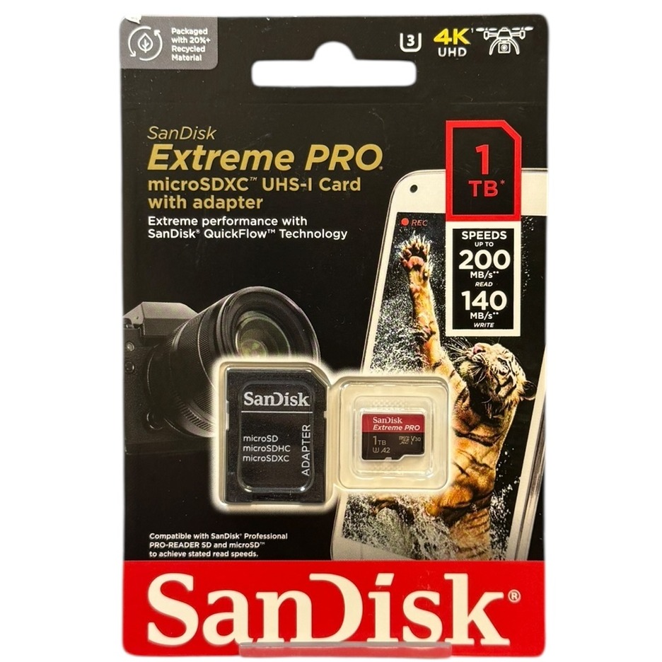 Product photo for New: 1TB Sandisk Extreme Pro MicroSDXC UHS-I Card With Adapter (200MB/S)