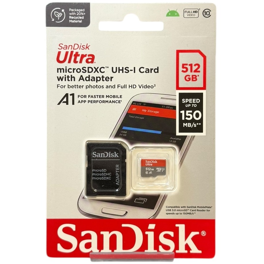 Product photo for New: 512GB SanDisk Ultra MicroSDXC UHS-1 Card With Adapter (150MB/s)