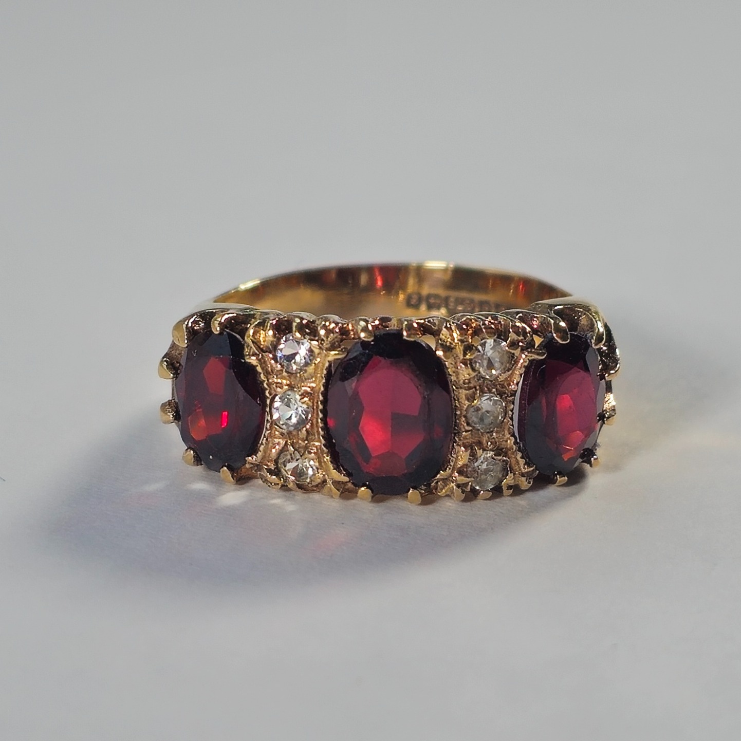 Product photo for 9ct Gold Garnet & *CZ* Vintage Half Band Ring Size M1/2