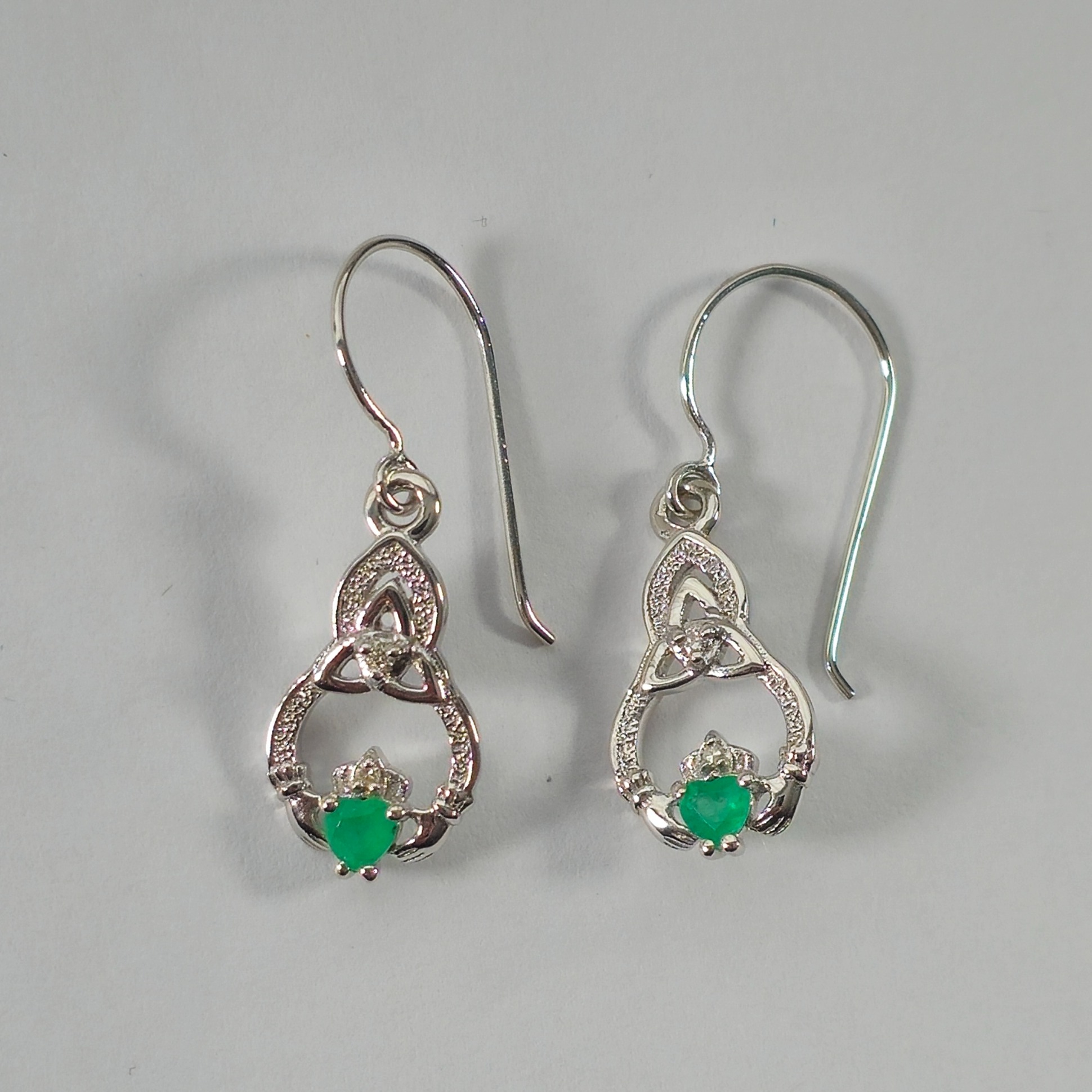 Product photo for 9ct White Gold Emerald Claddagh Celtic Hook Earrings