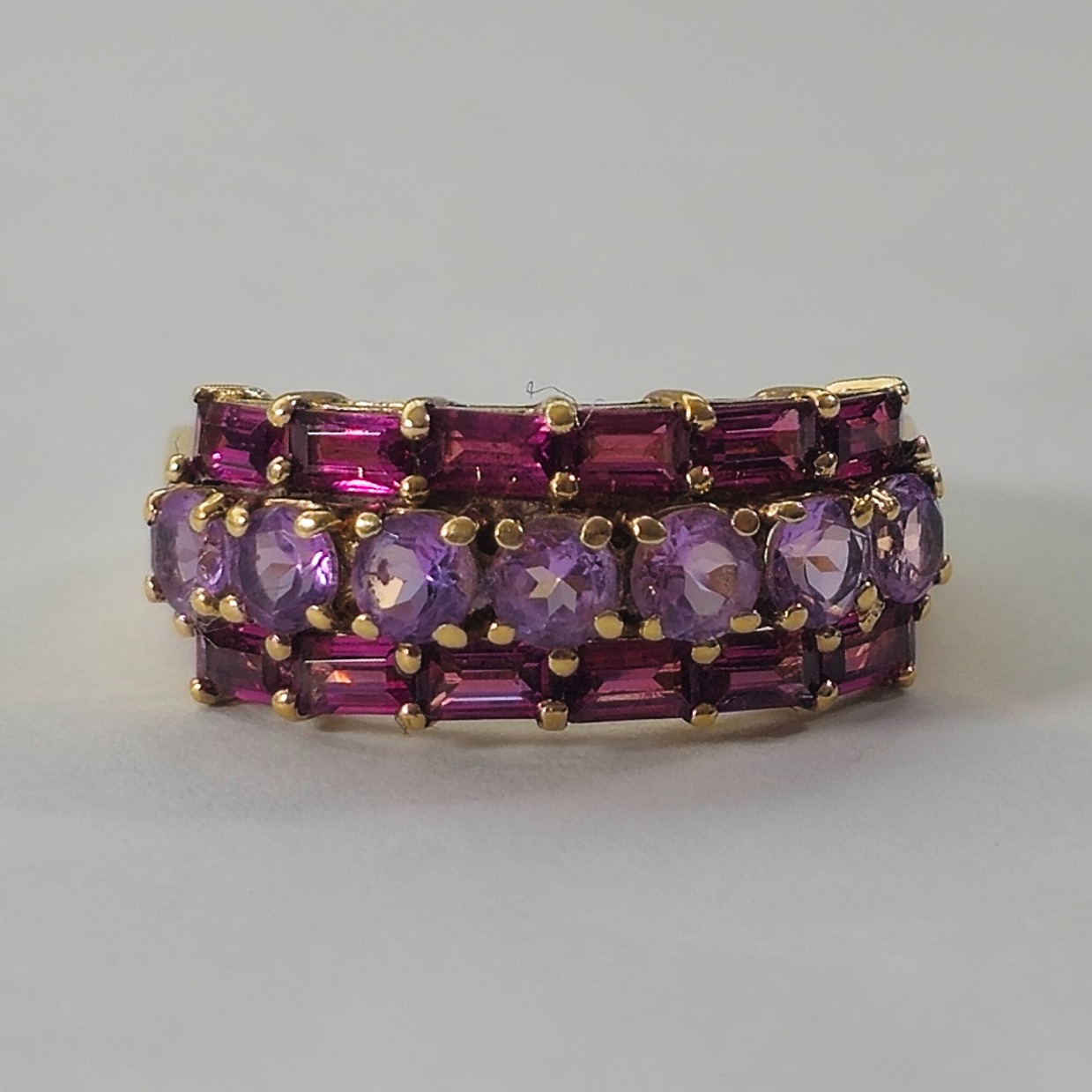 Product photo for 9ct Gold Purple Round and Rectangle Stone Ring Size N1/2