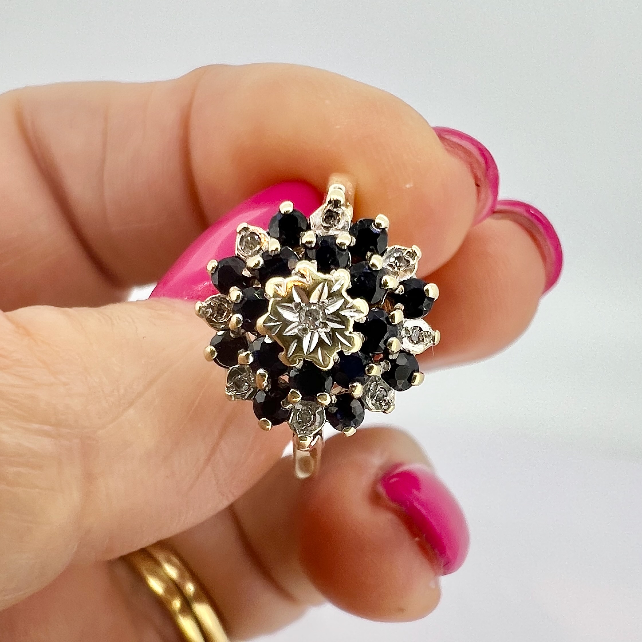 Product photo for DEEP BLUE SAPPHIRE AND DIAMOND FLORAL CLUSTER RING IN 9ct YELLOW GOLD (R:TIZK)