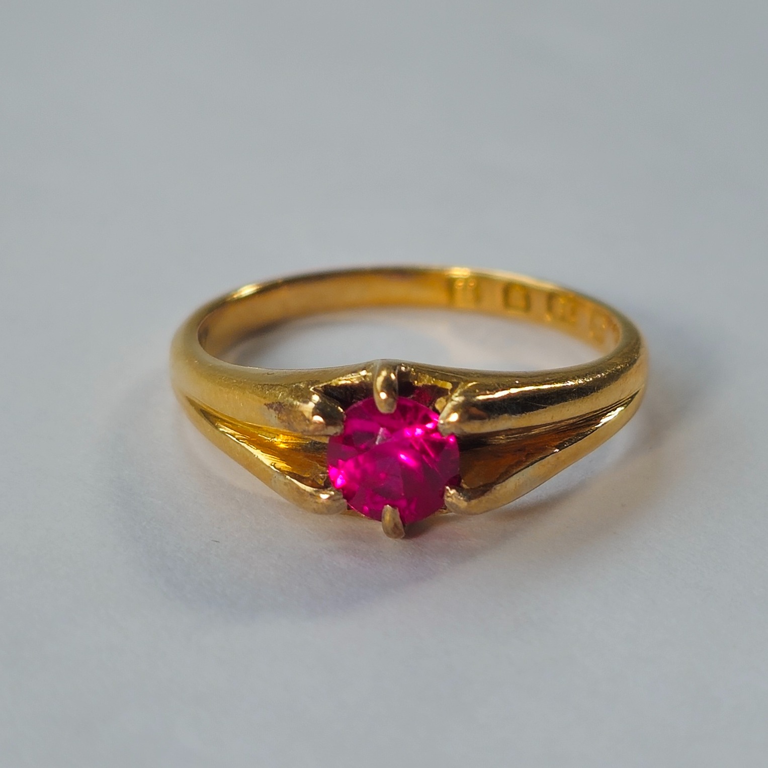 Product photo for 18ct Gold Synthetic Ruby Gypsy Style Ring Size M