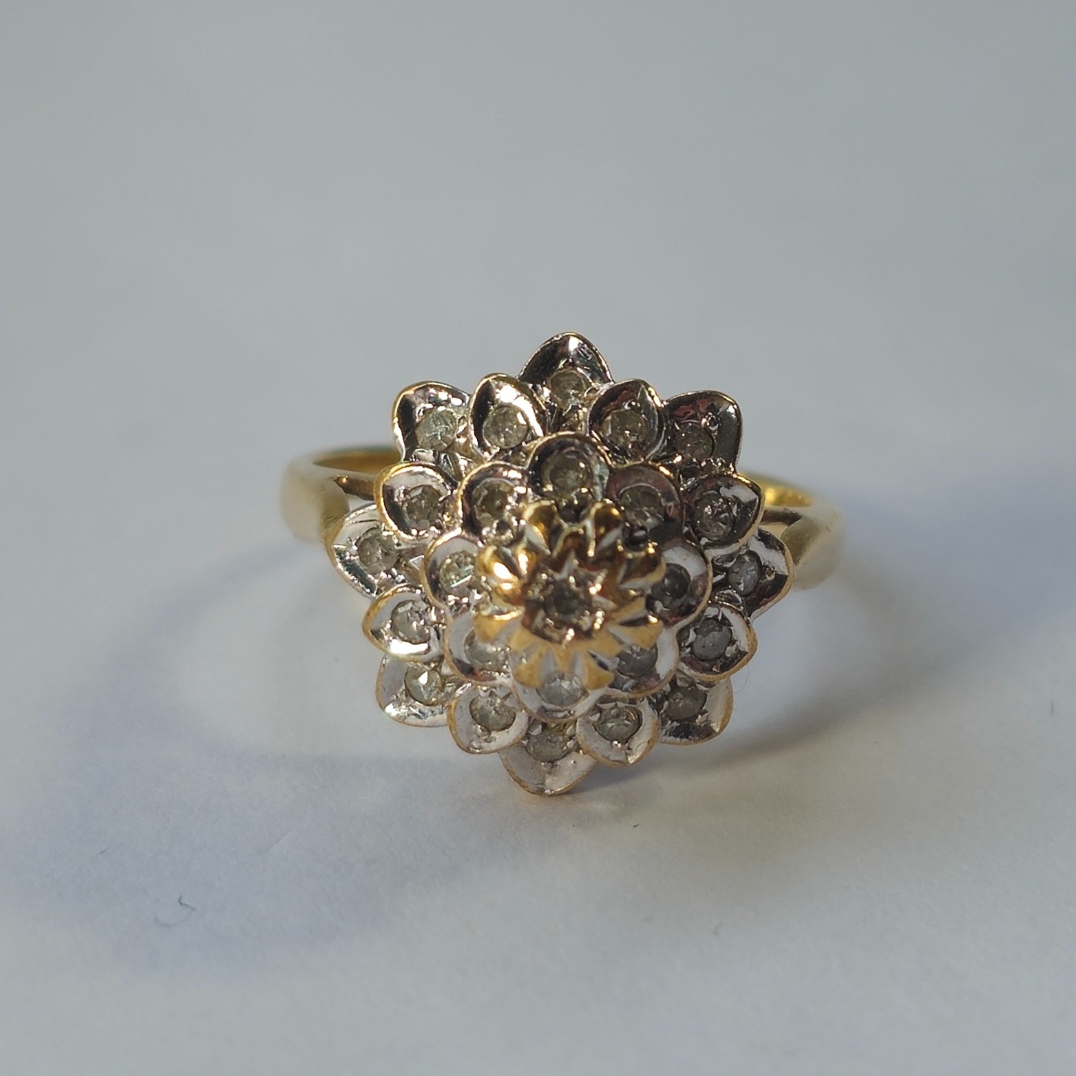 Product photo for 9ct Gold Diamond Flower Layered Dome Ring Size J