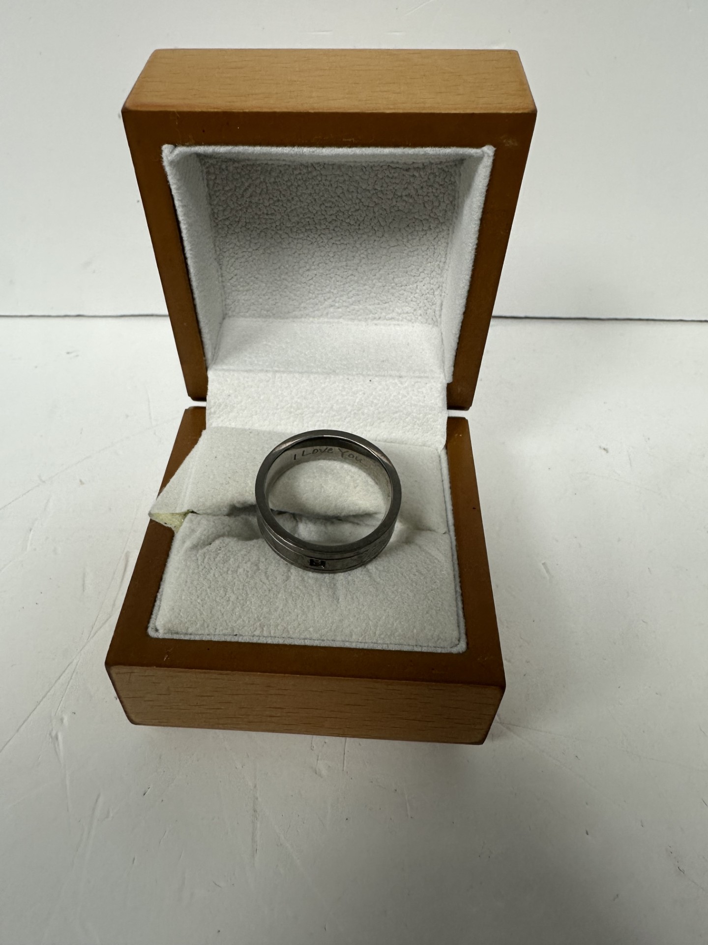 Product photo for titanium 'I LOVE YOU' engraved band in box