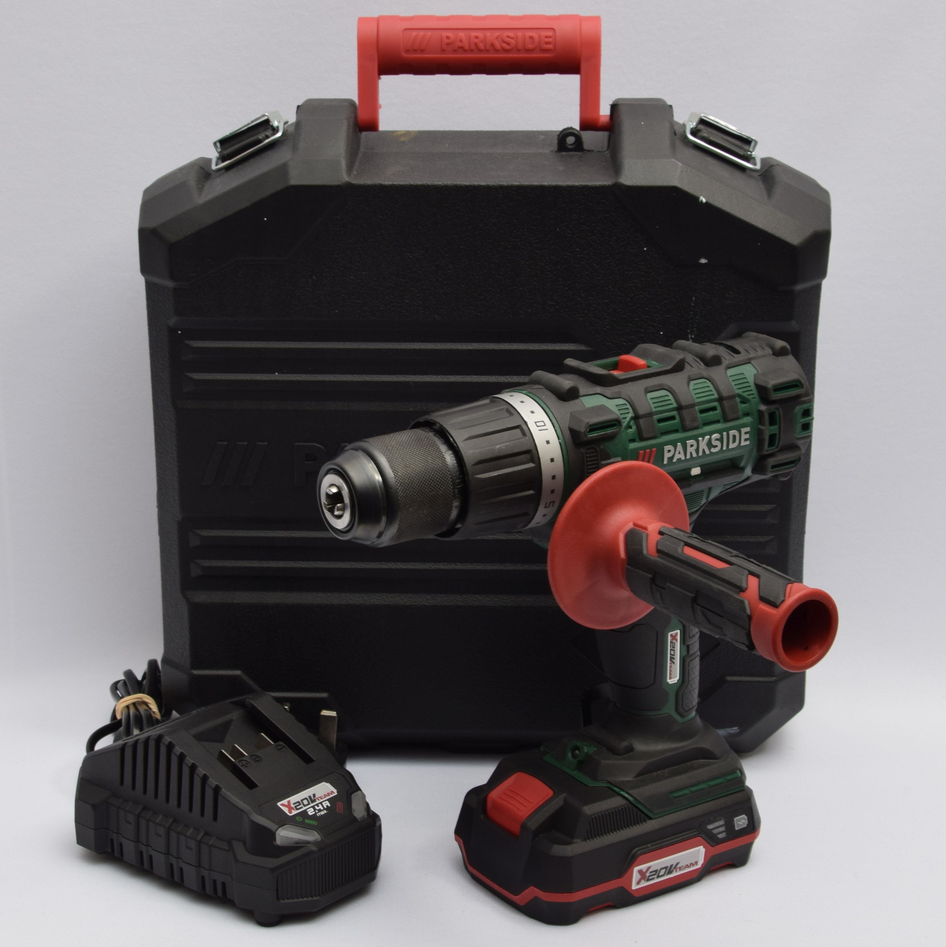 Product photo for Parkside 20V Combi Hammer Drill Driver Kit with Case, 2Ah Battery & Charger (U)
