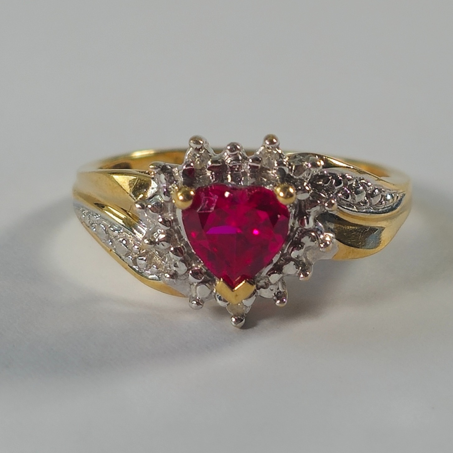 Product photo for 9ct Gold Ruby Red Heart & Diamond Ring Size O1/2