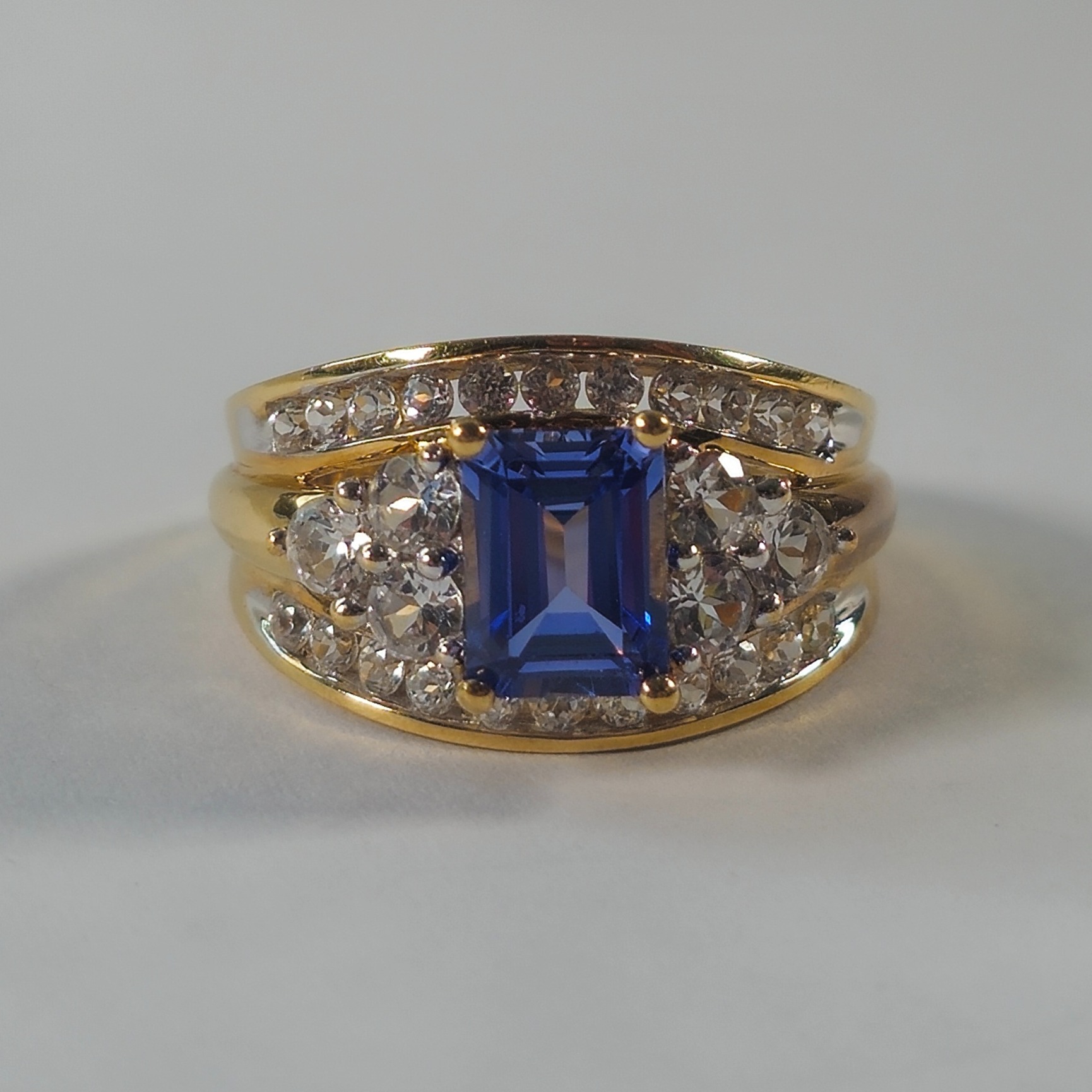 Product photo for 10ct Gold Blue Rectangle Stone & White Round Fancy Engagement Ring Size M