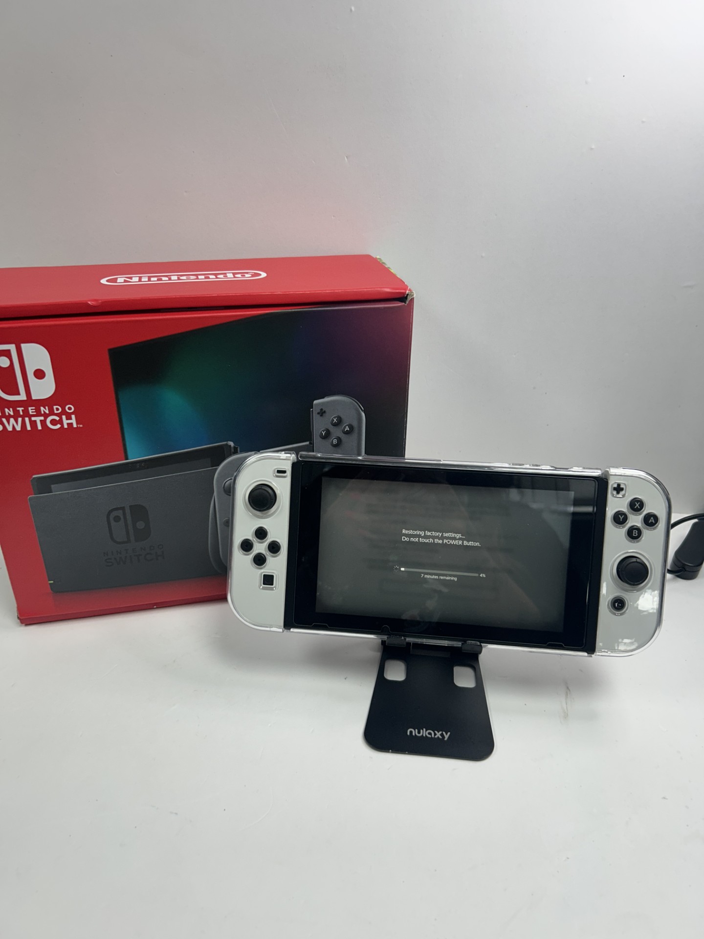Product photo for Nintendo switch console white joy-cons with clear case accessories boxed