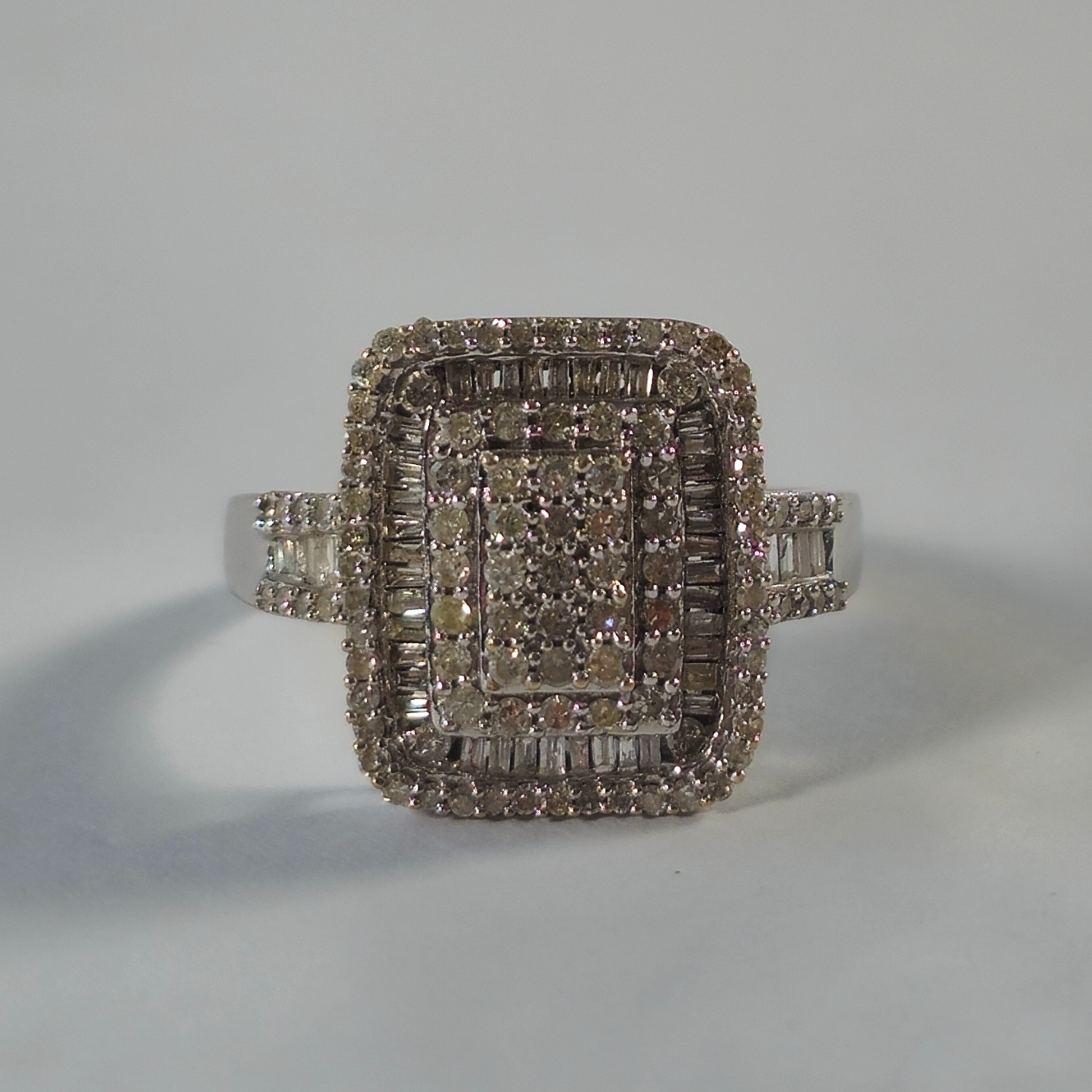 Product photo for 9ct White Gold Diamond Rectangle Halo Cocktail Ring Size M1/2