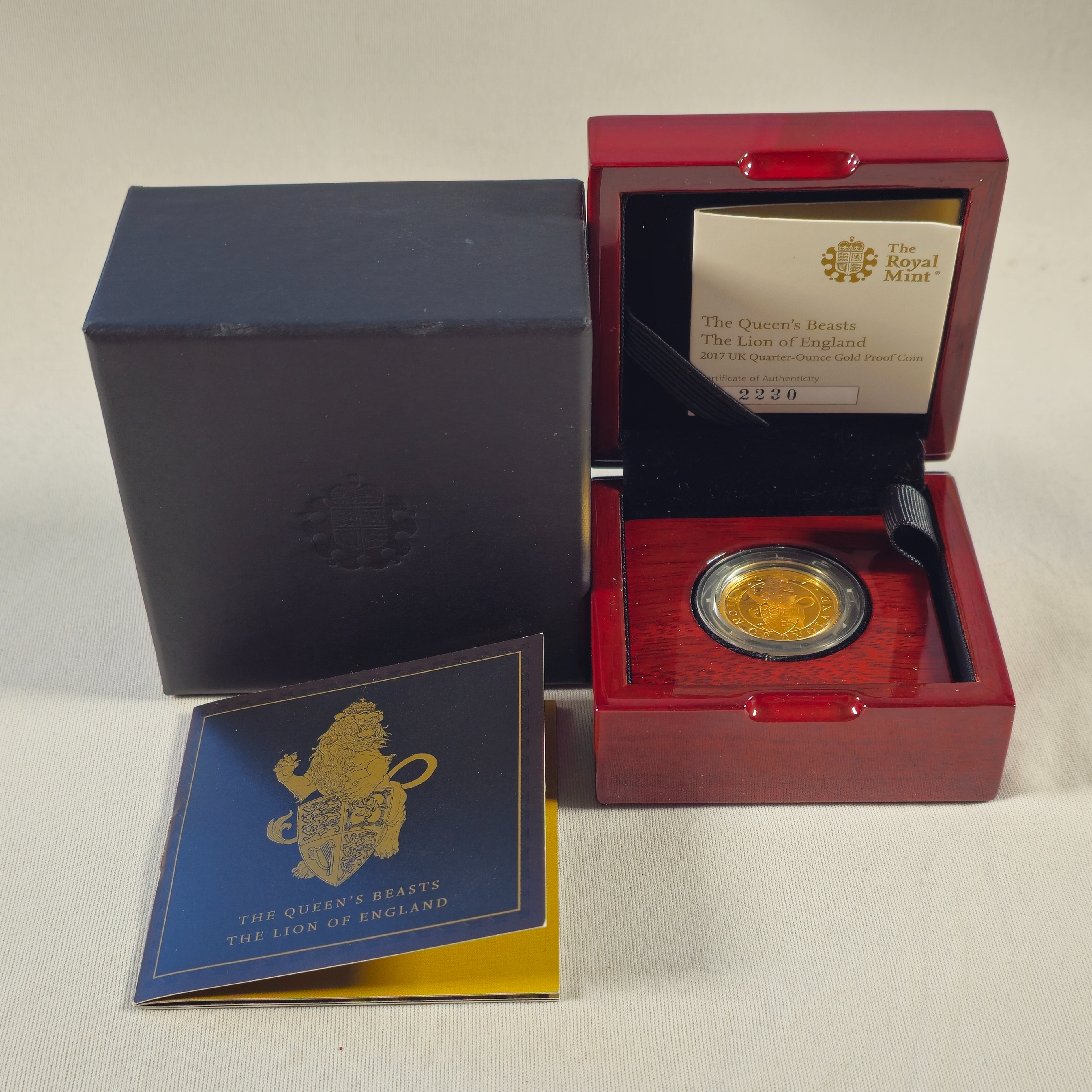 Product photo for 24ct 2017 Queen's Beasts Lion Of England Quarter Ounce Gold Proof Coin