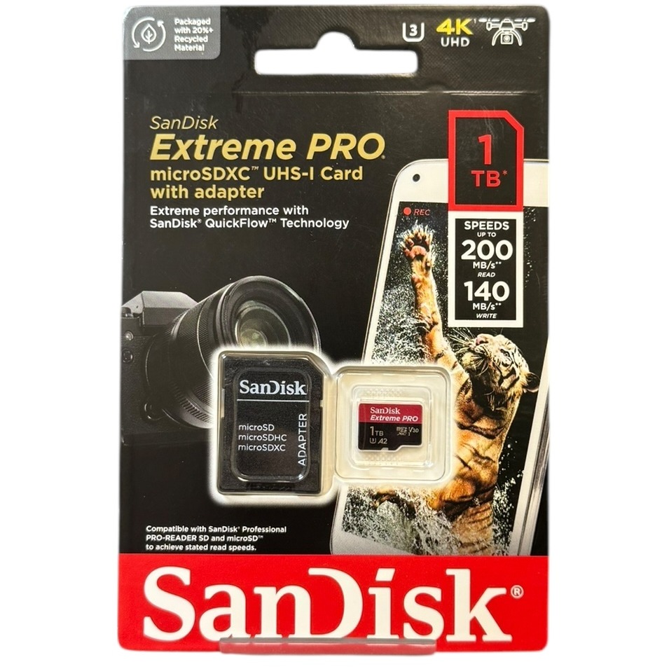 Product photo for New: Sandisk Extreme Pro MicroSDXC UHS-I Card With Adapter (1TB Storage)