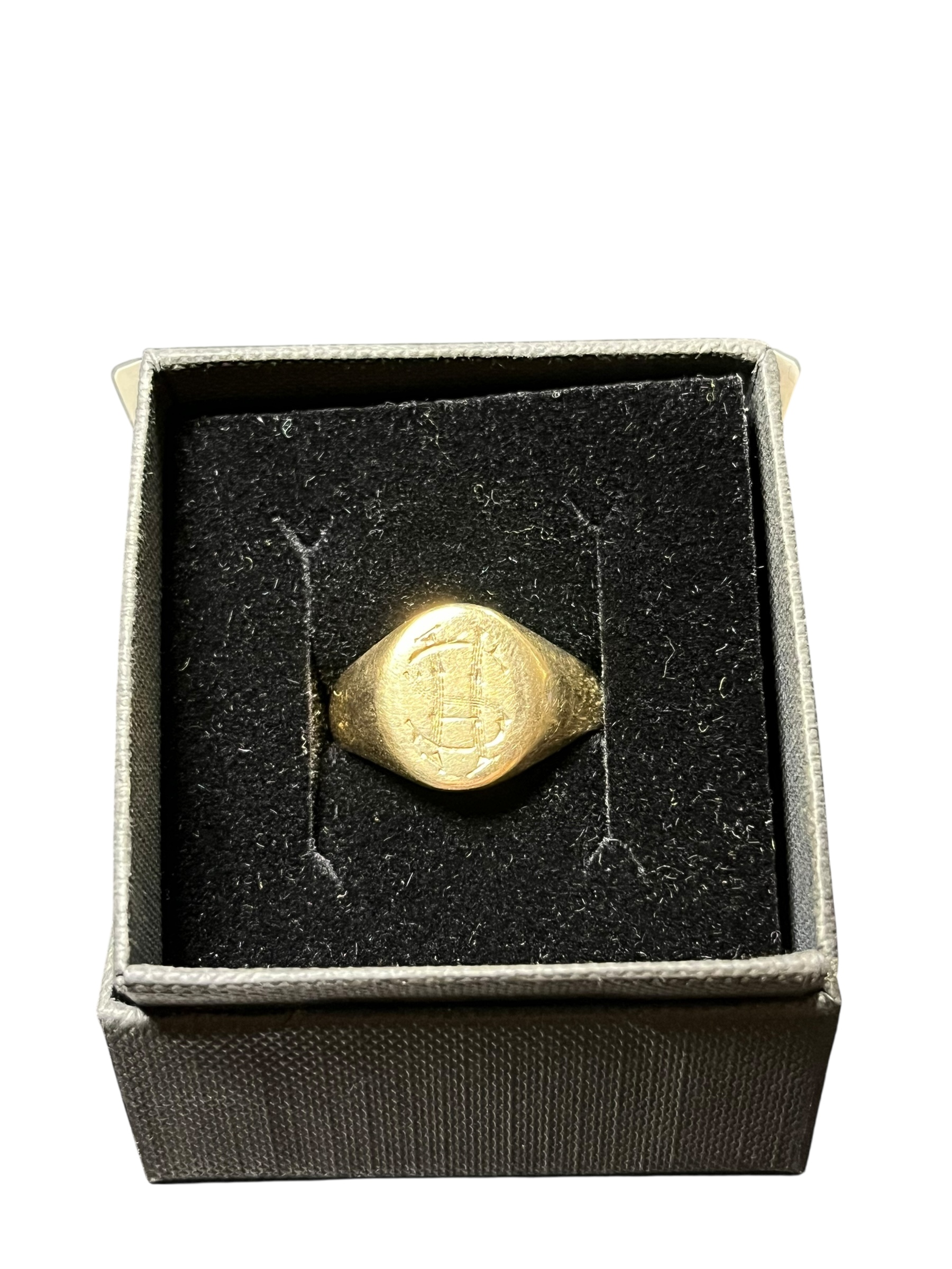 Product photo for 9ct Gold Signet Ring with Engraved Symbol – Size T Used Good Condition