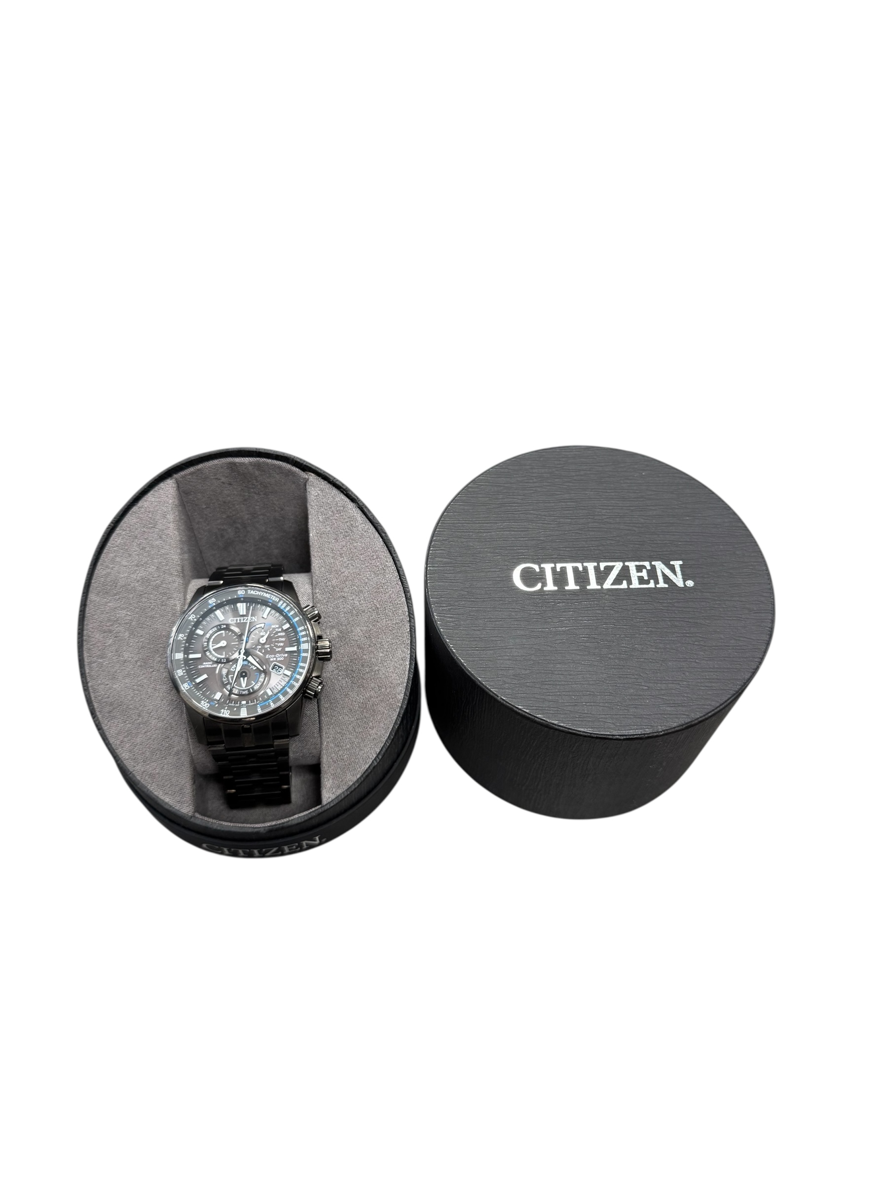 Product photo for Citizen CB5887-55H Black Chronograph Eco-Drive Men's Watch Quartz Movement 43mm