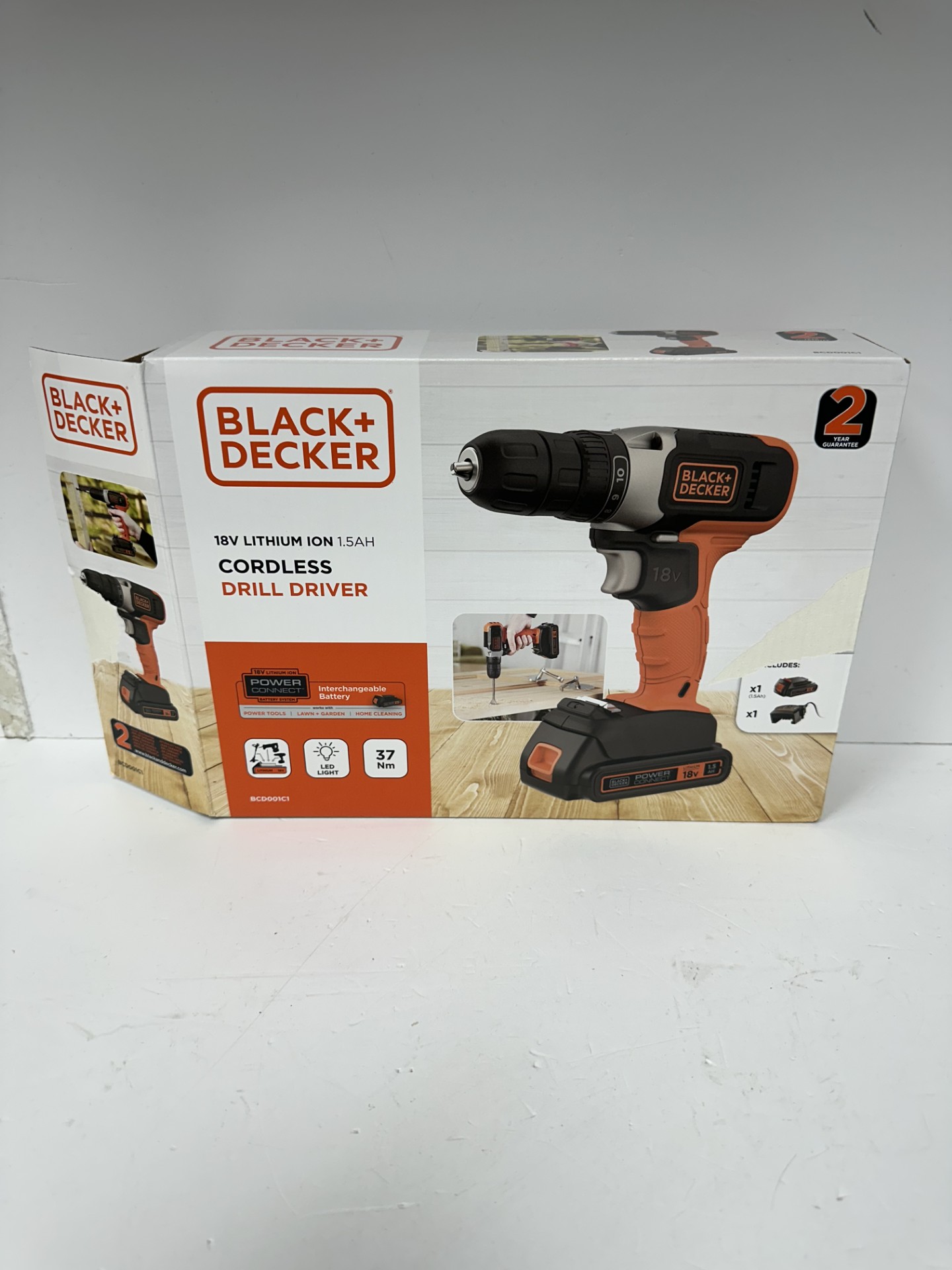 Product photo for black+decker 18v lithium ion 1.5ah cordless drill driver boxed