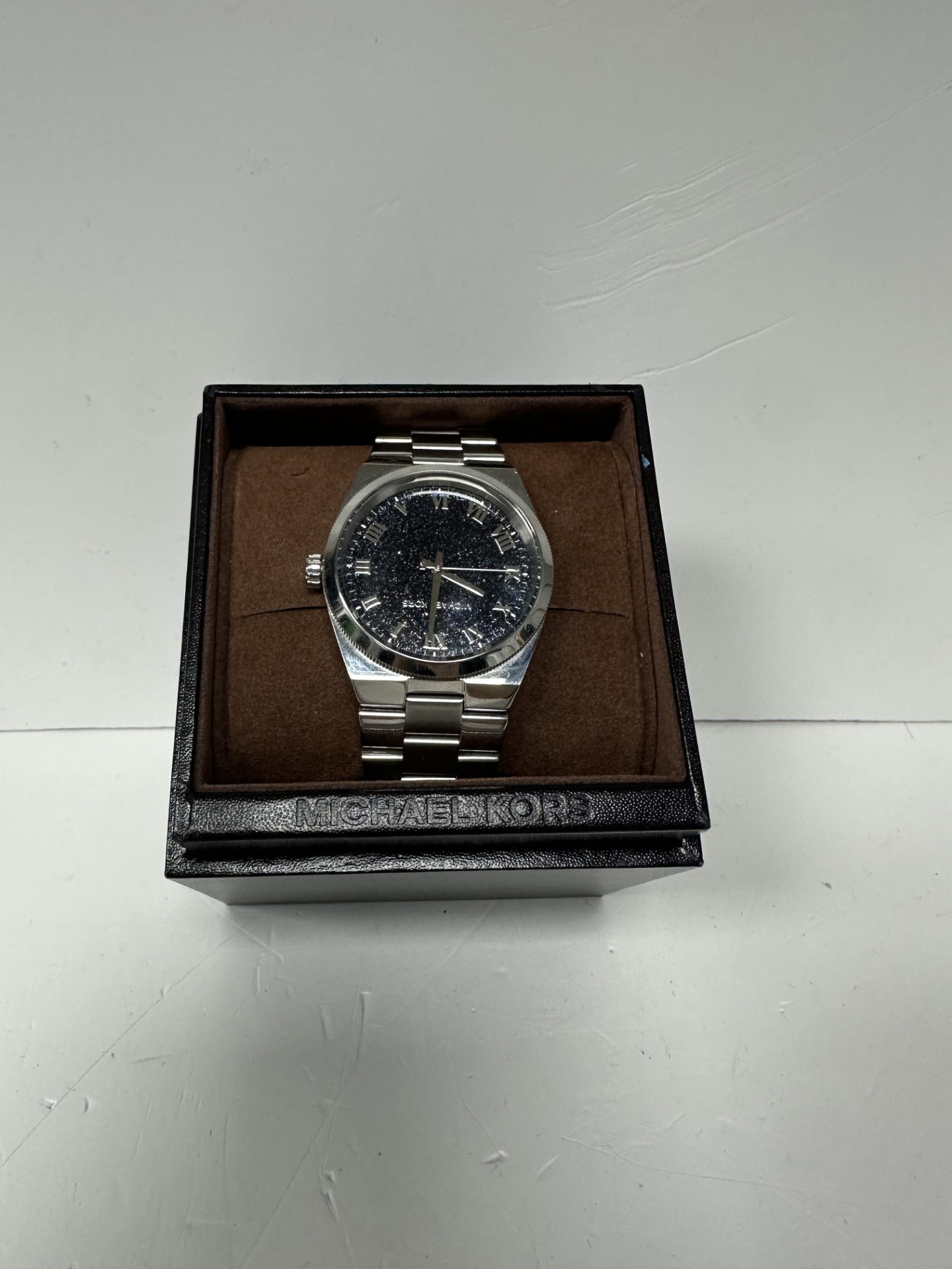 Product photo for Michael Kors Channing Moonstone and Silver-Tone Watch MK-6113 boxed