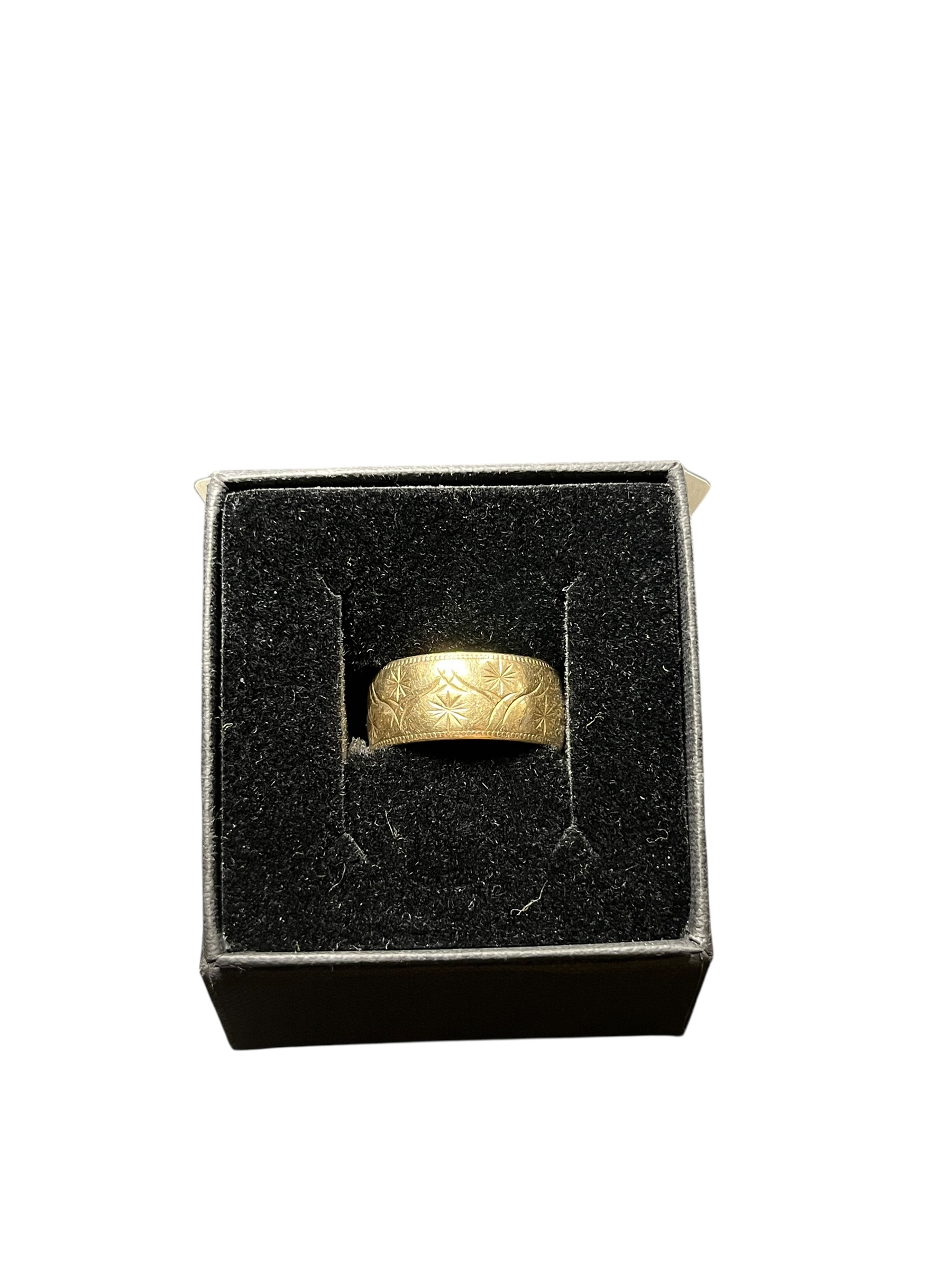 Product photo for 9ct Yellow Gold Engraved D-Shape Wedding Band Ring – Size T