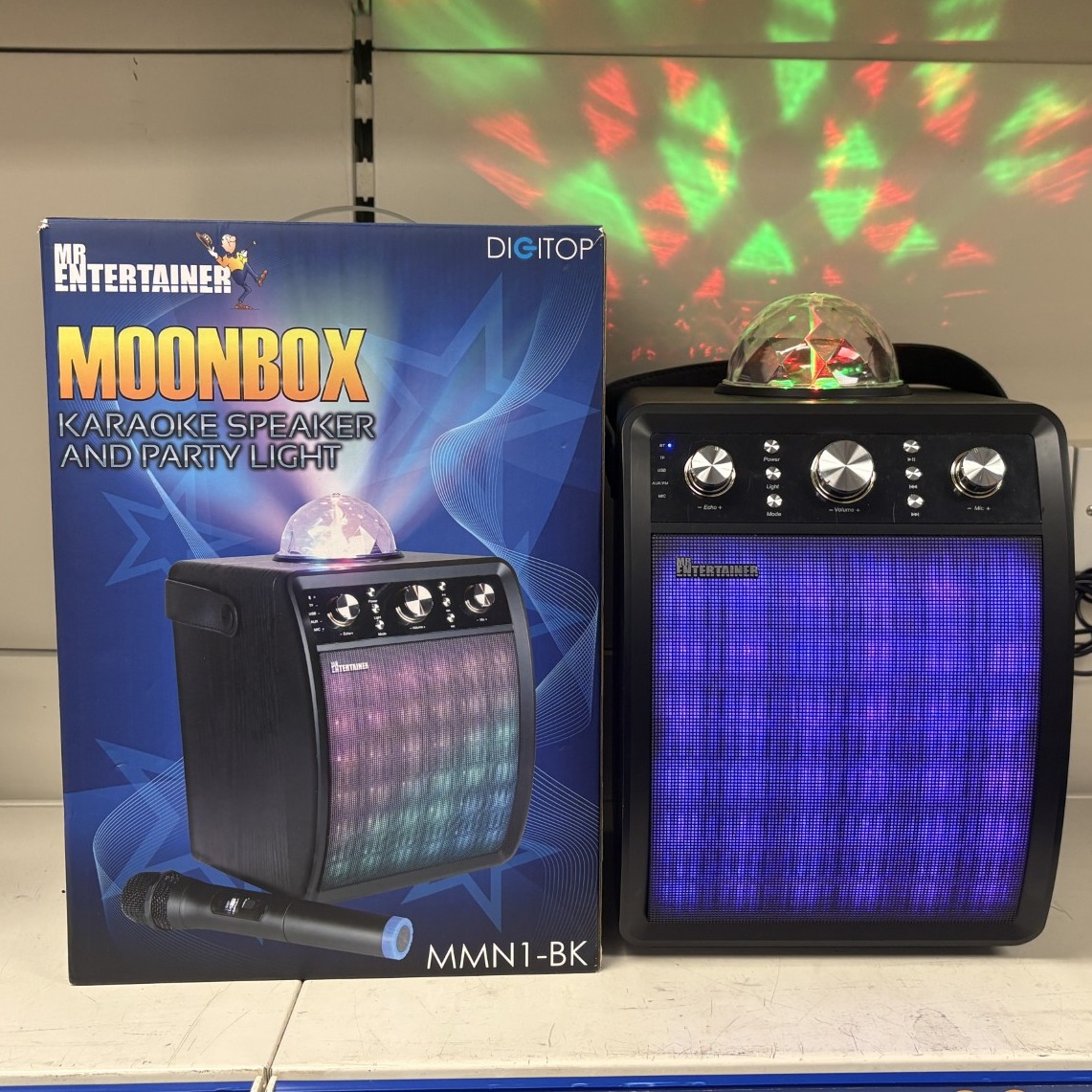 Product photo for MR ENTERTAINER MOONBOX KARAOKE SPEAKER AND PARTY LIGHT (MMN1-BK)