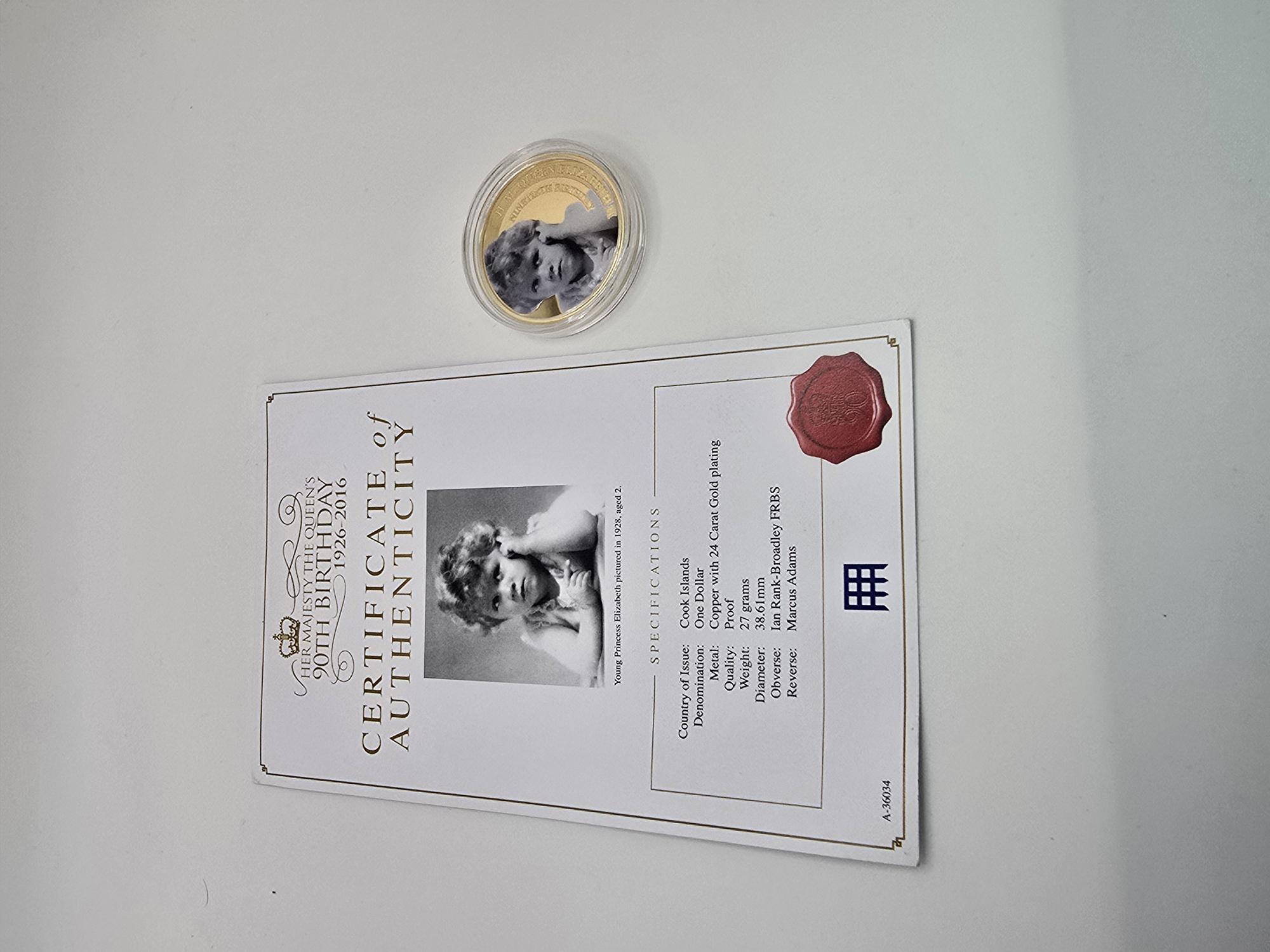 Product photo for 2016 Cook Islands Queen Elizabeth II 90th Birthday GOLD PLATED $1 Dollar Coin
