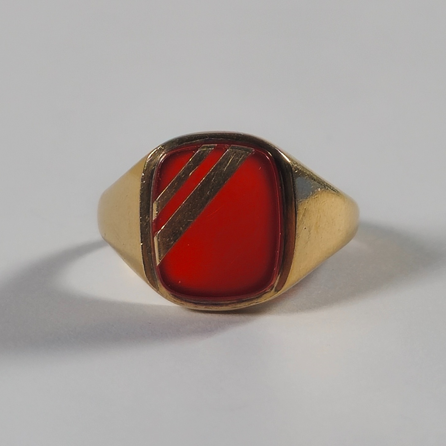 Product photo for 9ct Gold Orange Stone with 2 Stripes Signet Ring Size P1/2