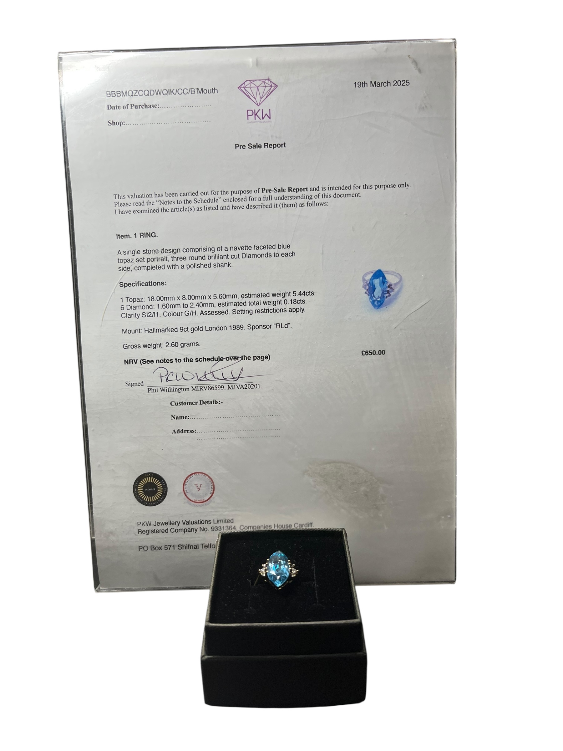 Product photo for 9ct Gold Marquise Blue Topaz & Diamond Ring - Size N with Appraisal