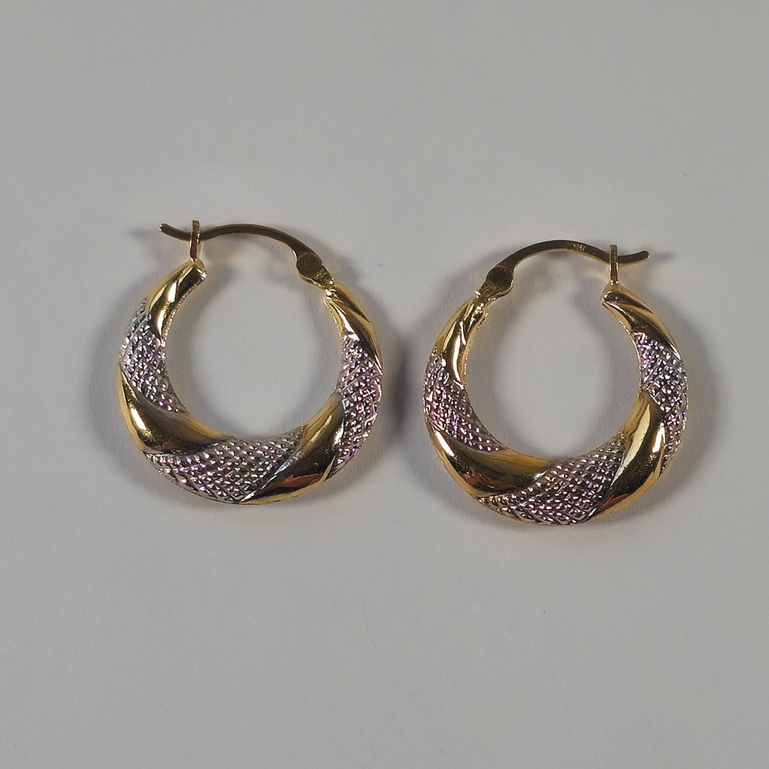 Product photo for 9ct Gold 2-tone Twisted Pattern Moon Hoop Earrings