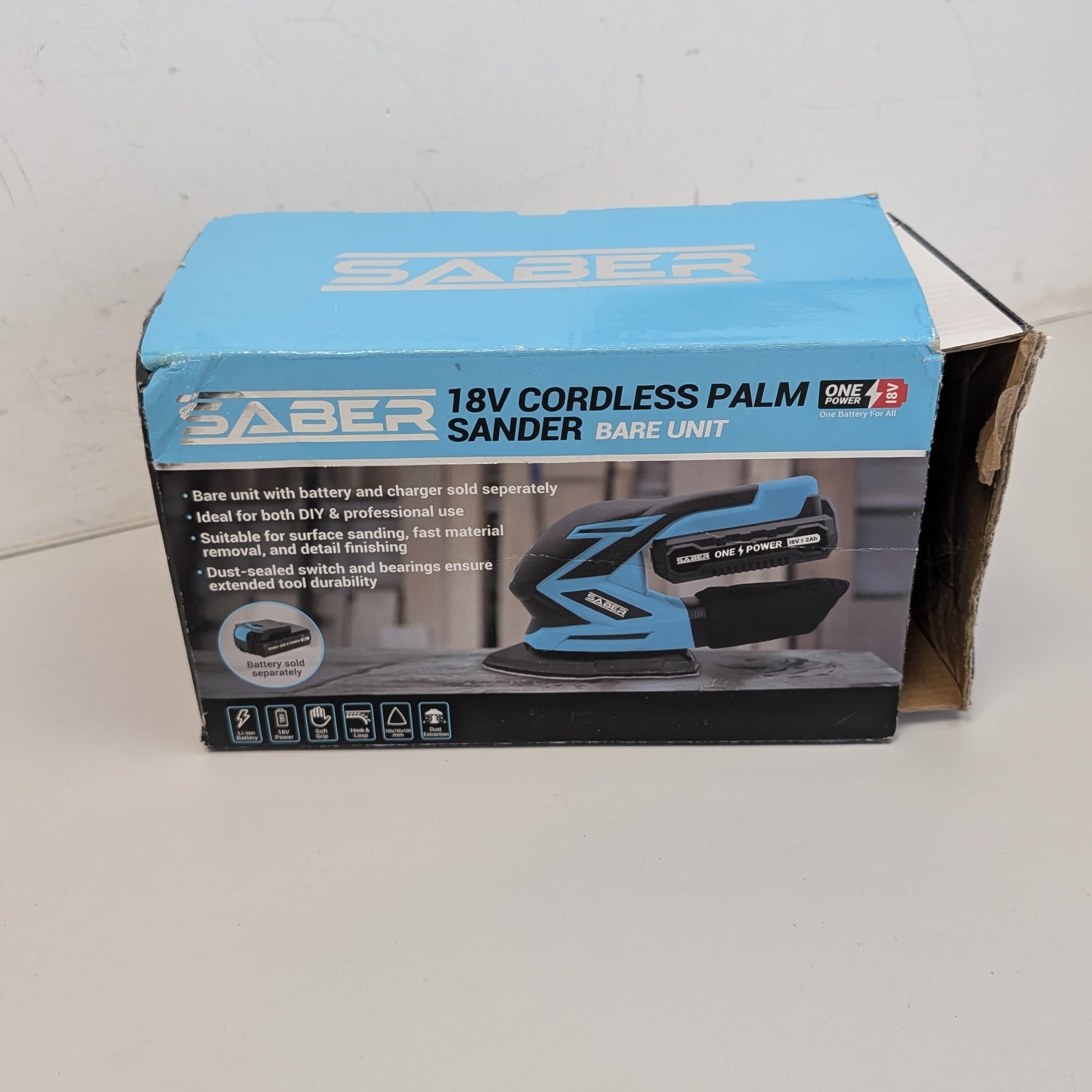 Product photo for Saber 18v cordless palm sander - Boxed bare unit