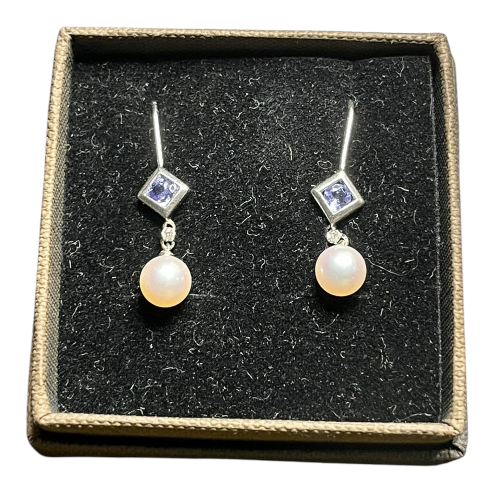 Product photo for 14ct Gold Pearl, Tanzanite & Diamond Earrings – Used Good Condition