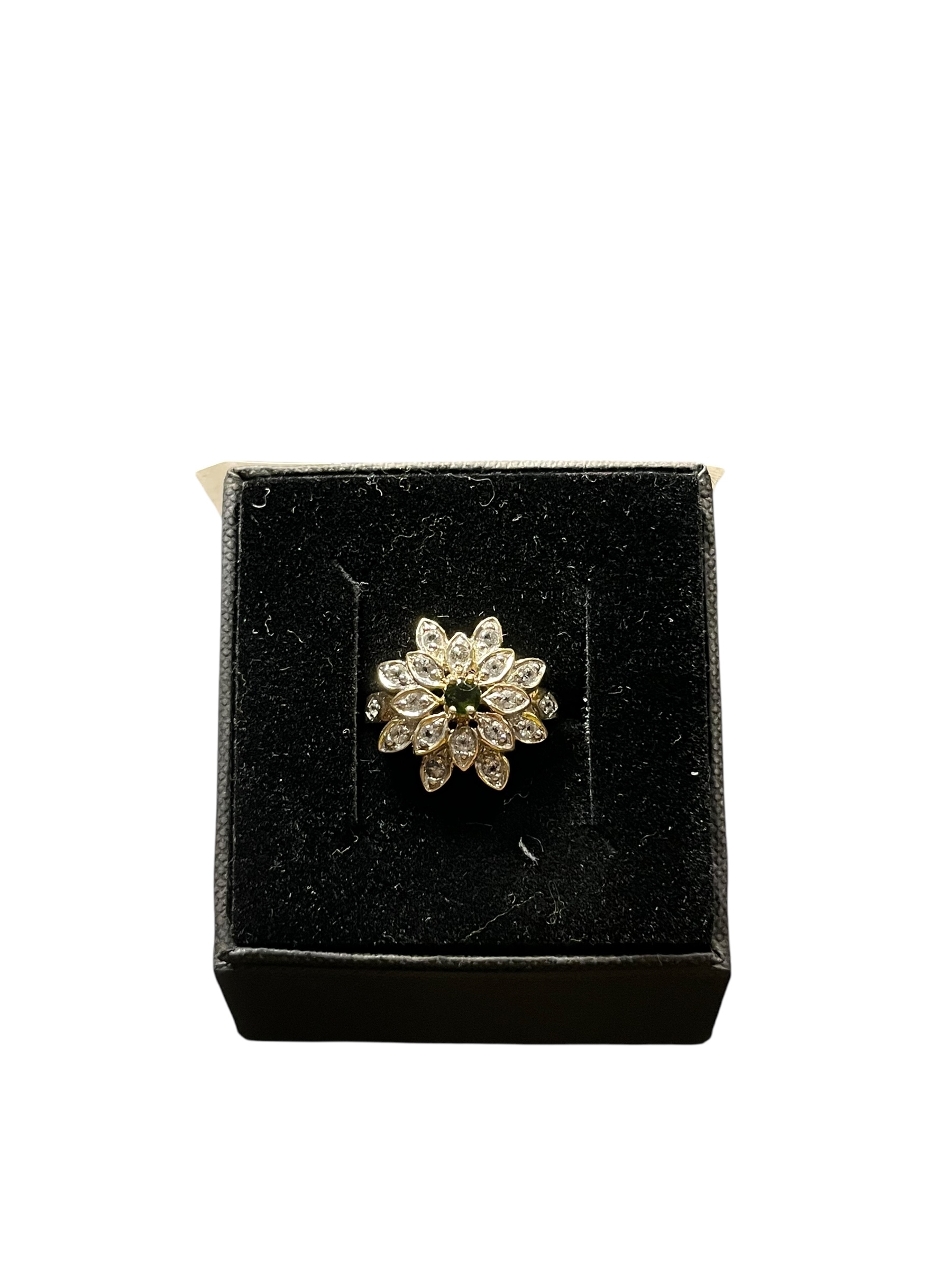 Product photo for 9ct Gold Floral Green Tourmaline & CZ Ring – Size O Used Good Condition