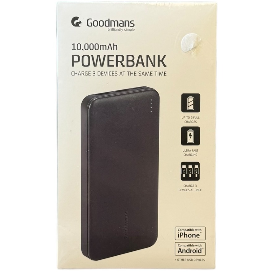 Product photo for New: Goodmans 10000mAh PowerBank - Charges 3 Devices At Once