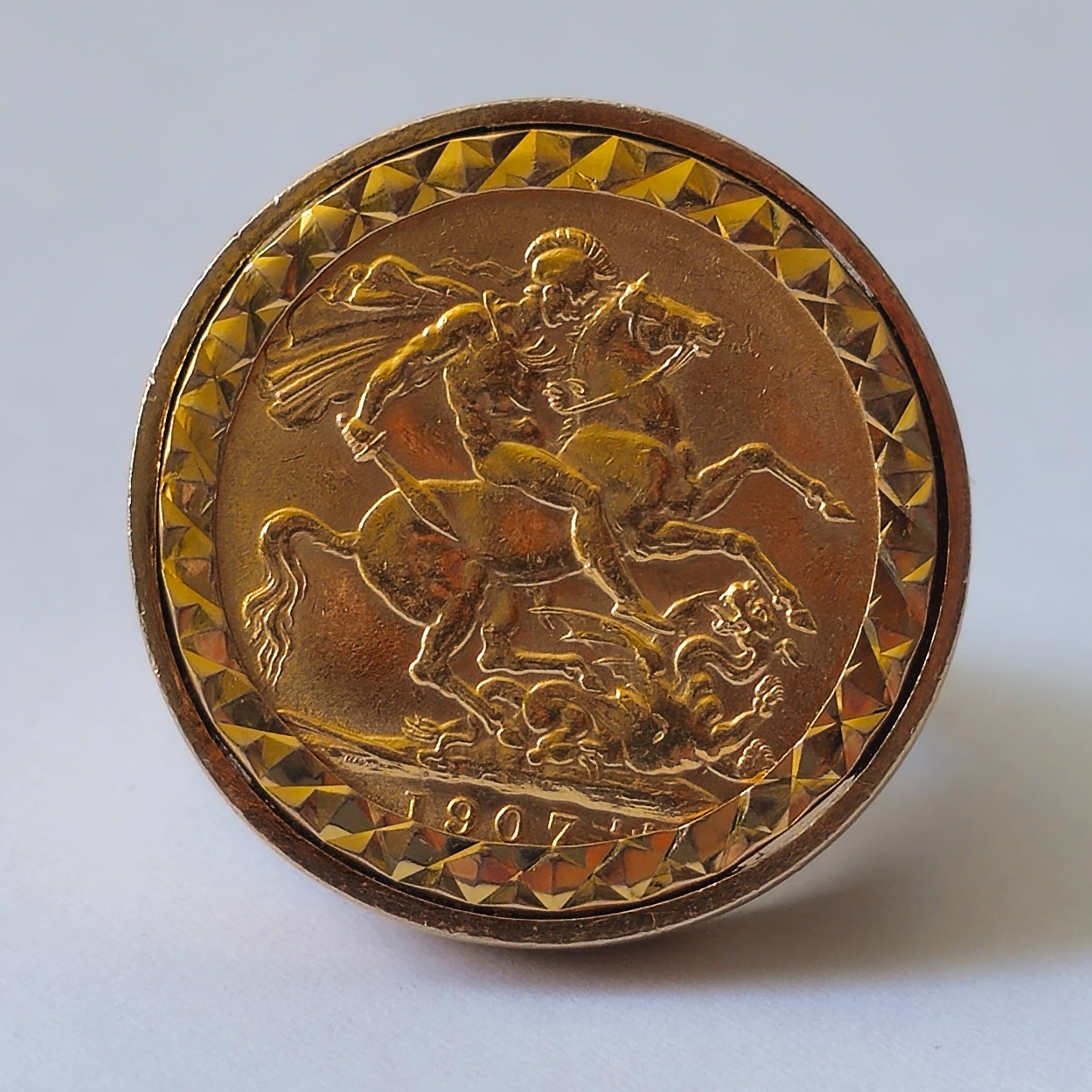Product photo for 22ct Gold 1907 Edward VII Full Sovereign in a 9ct Mounted Ring Size S1/2