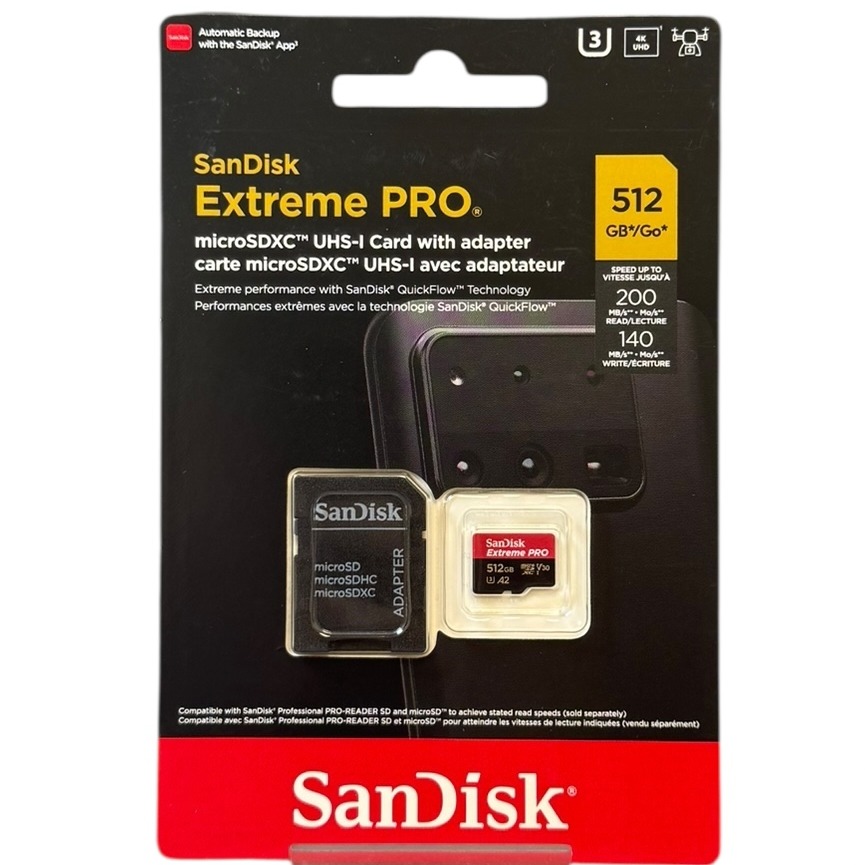 Product photo for New: 512GB Sandisk Extreme Pro MicroSDXC UHS-I Card With Adapter (200MB/S)
