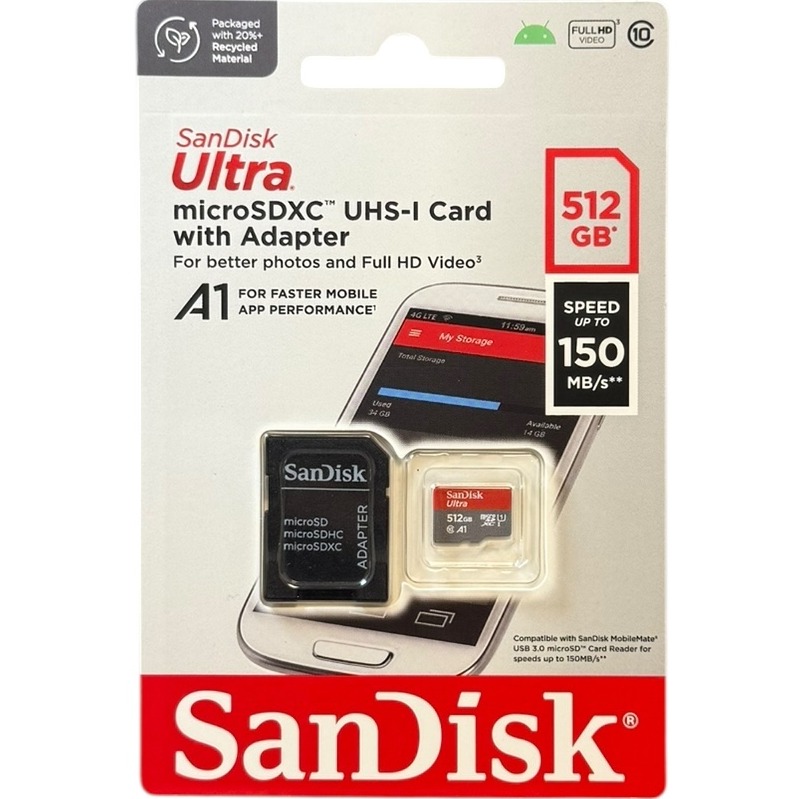 Product photo for New: 512GB SanDisk Ultra MicroSDXC UHS-1 Card With Adapter (150MB/s)