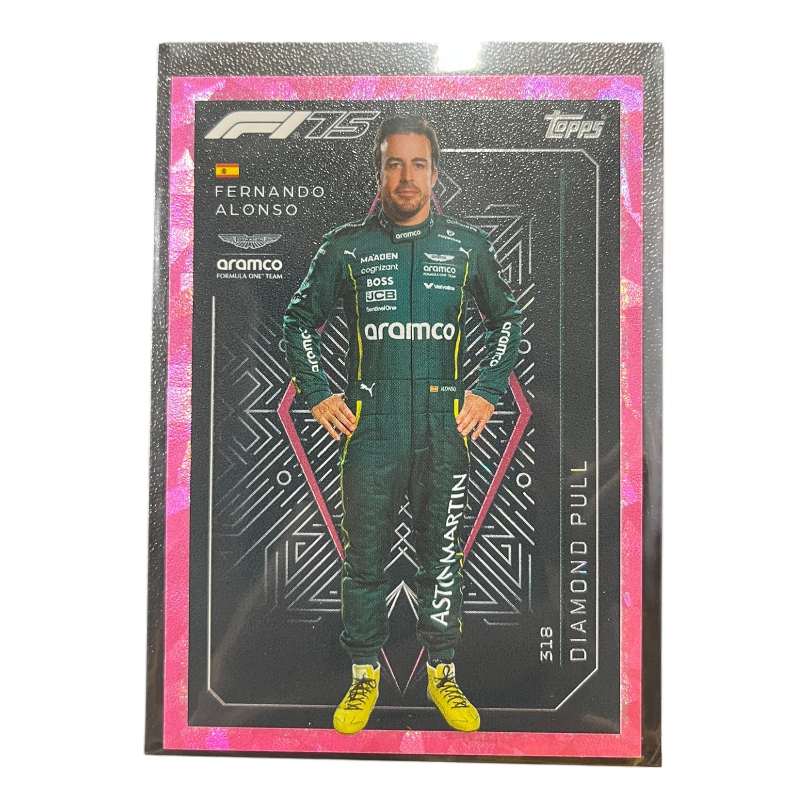 Product photo for Topps F1 Fernando Alonso Pink Prism Card – Formula 1 Rare