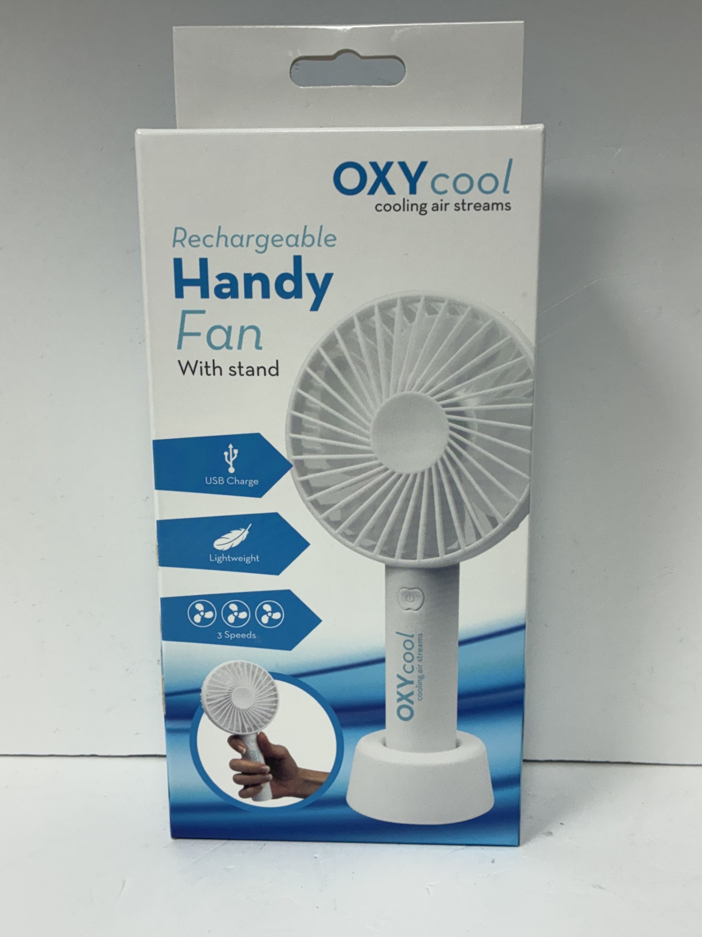Product photo for oxycool rechargable fan boxed