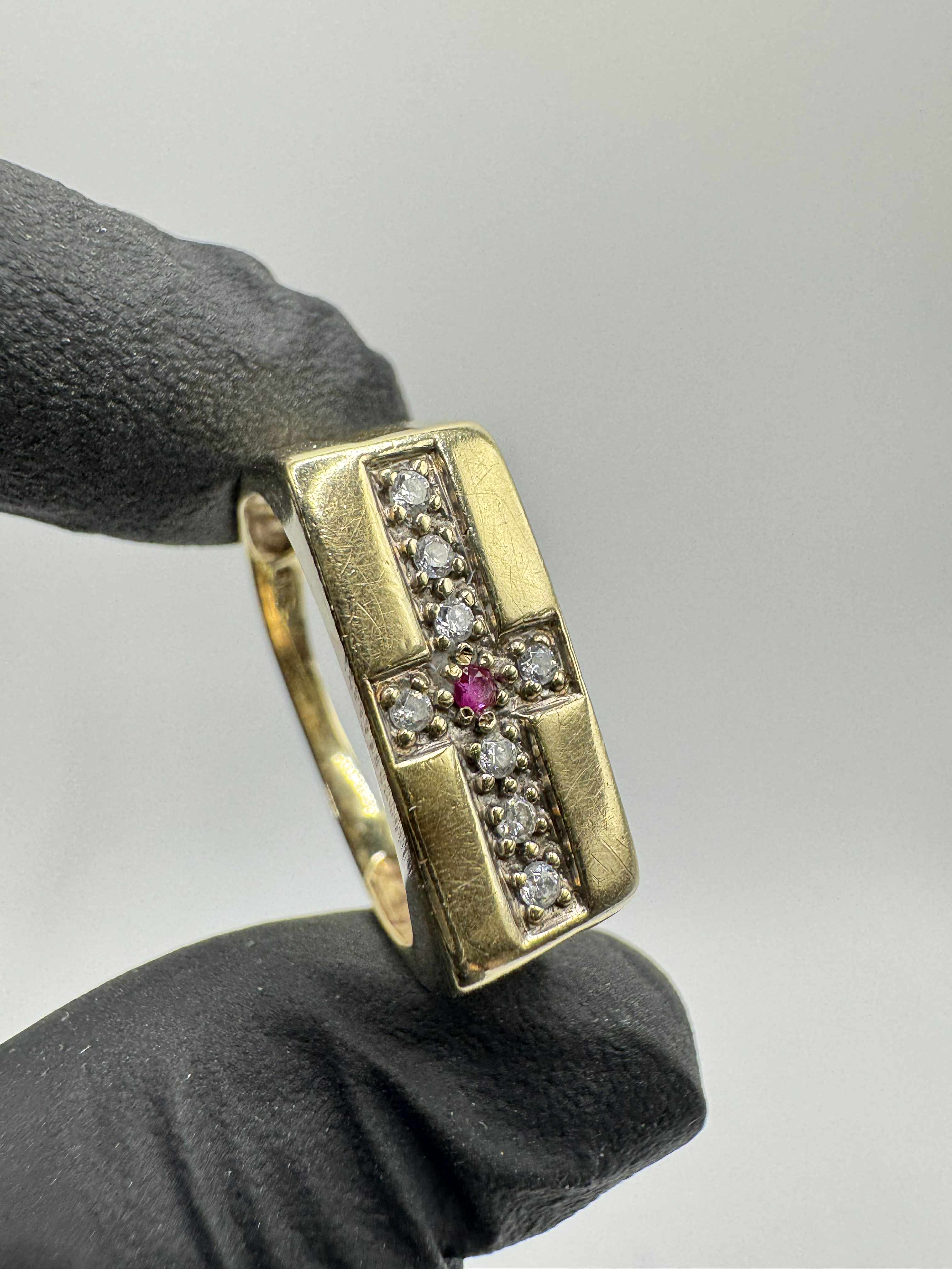 Product photo for 9ct CZ & Ruby Cross Signet Ring