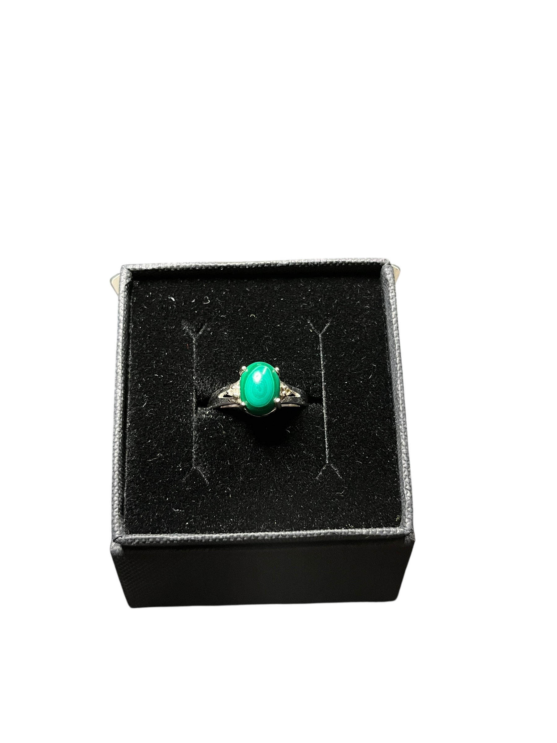 Product photo for 9ct White Gold Ring with Oval Malachite & Cubic Zirconia – Size O