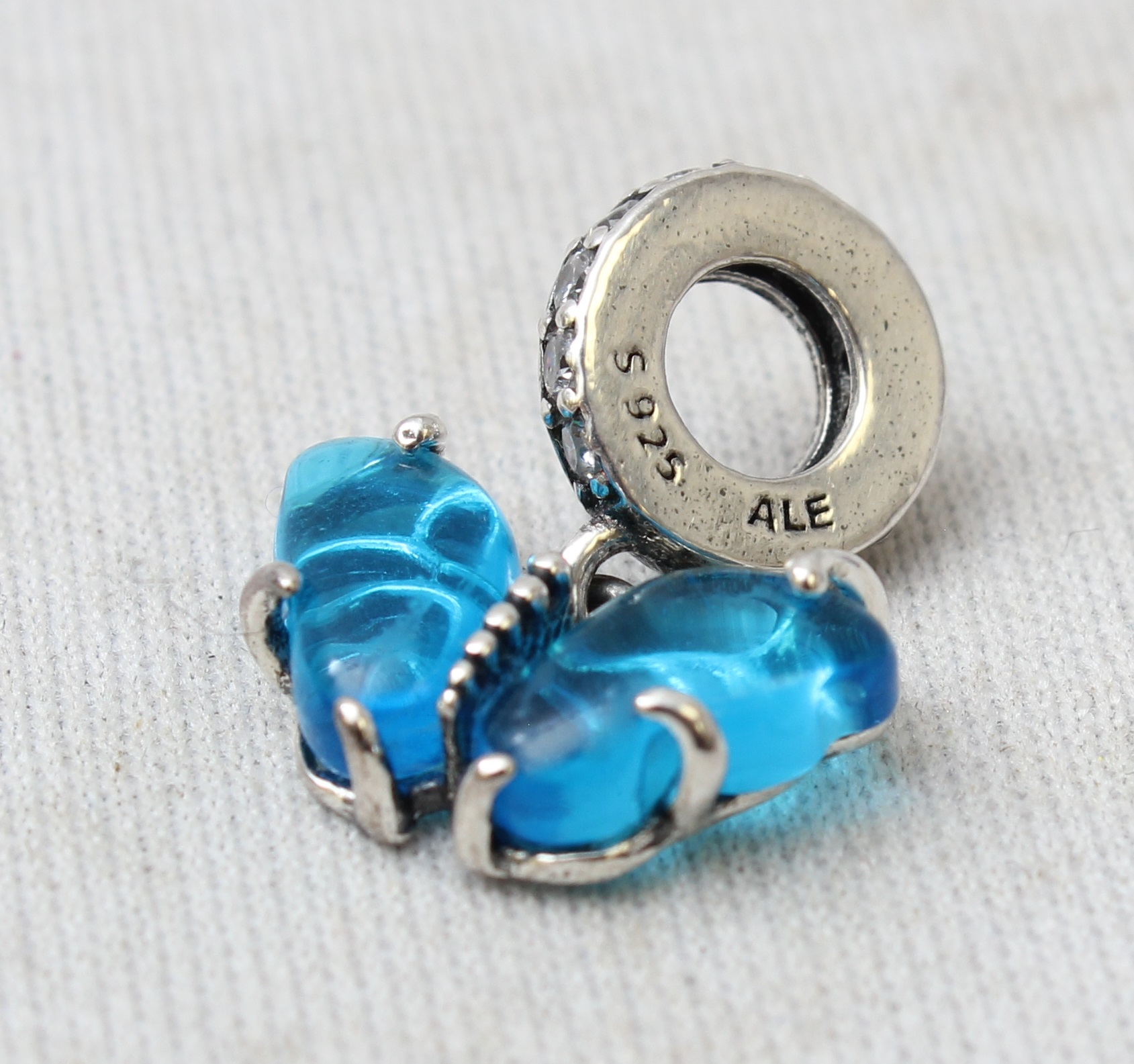 Product photo for Blue Murano Glass Butterfly Dangle Charm Sterling silver (U)