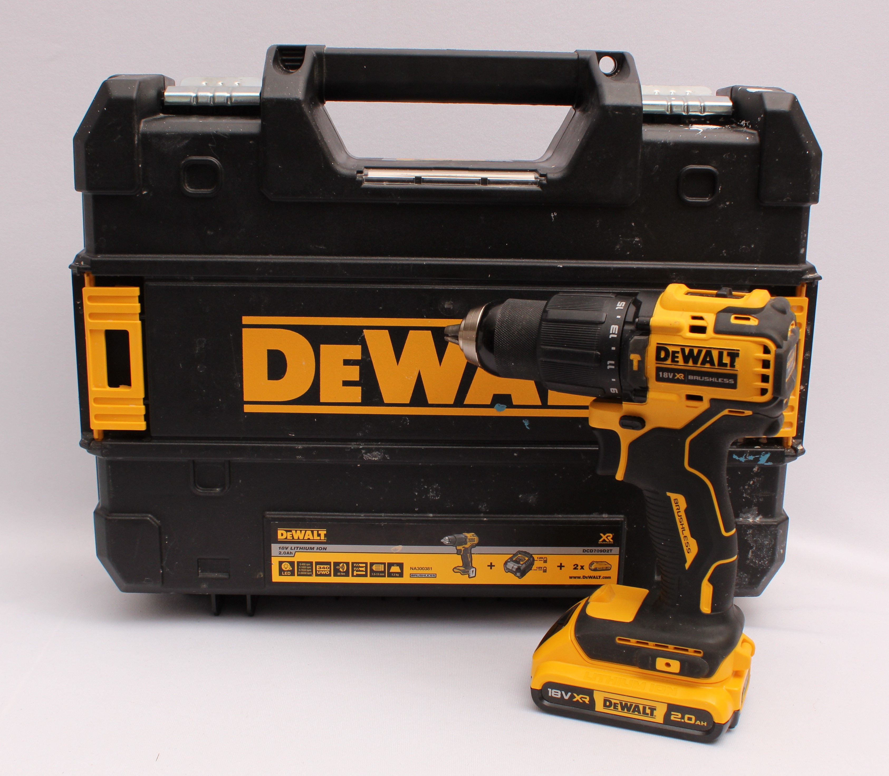 Product photo for DeWalt 18V DCD709 Cordless Brushless Combi Drill & 2x 2.0Ah Batteries (U)