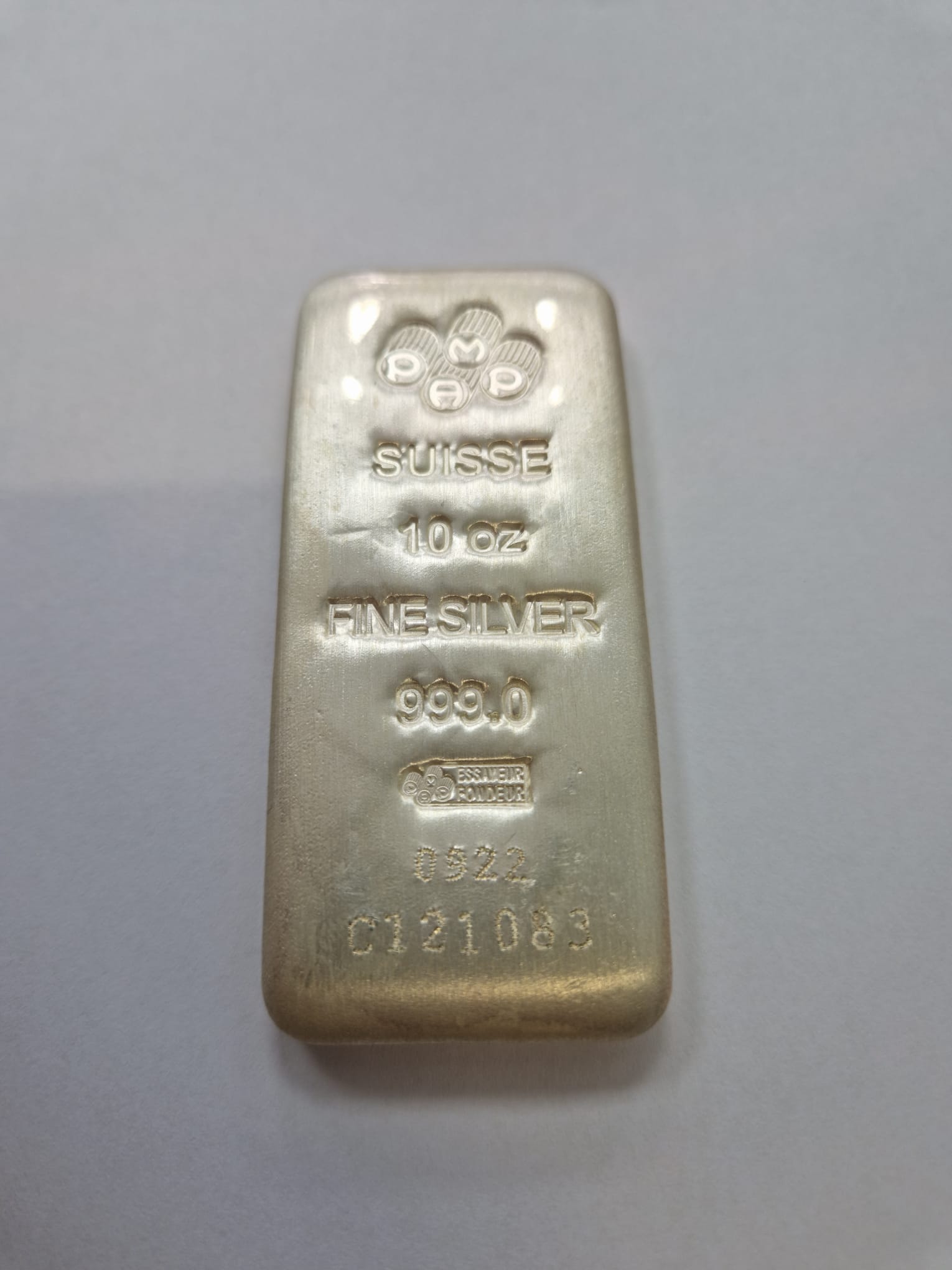 Product photo for Suisse Pamp 10oz Cast Silver Bullion Bar – 999.0 Purity