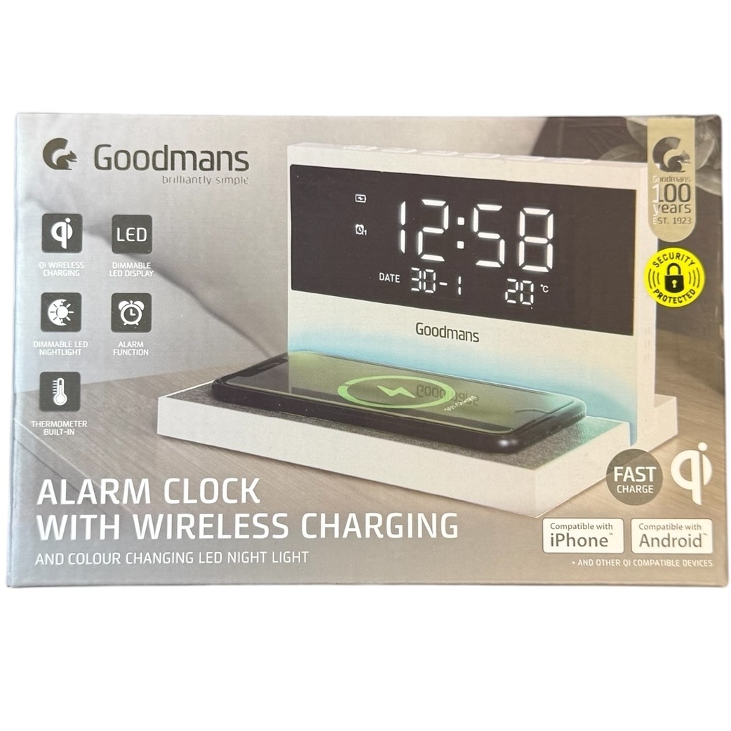 Product photo for New: Goodmans Alarm Clock With Wireless Charging - White