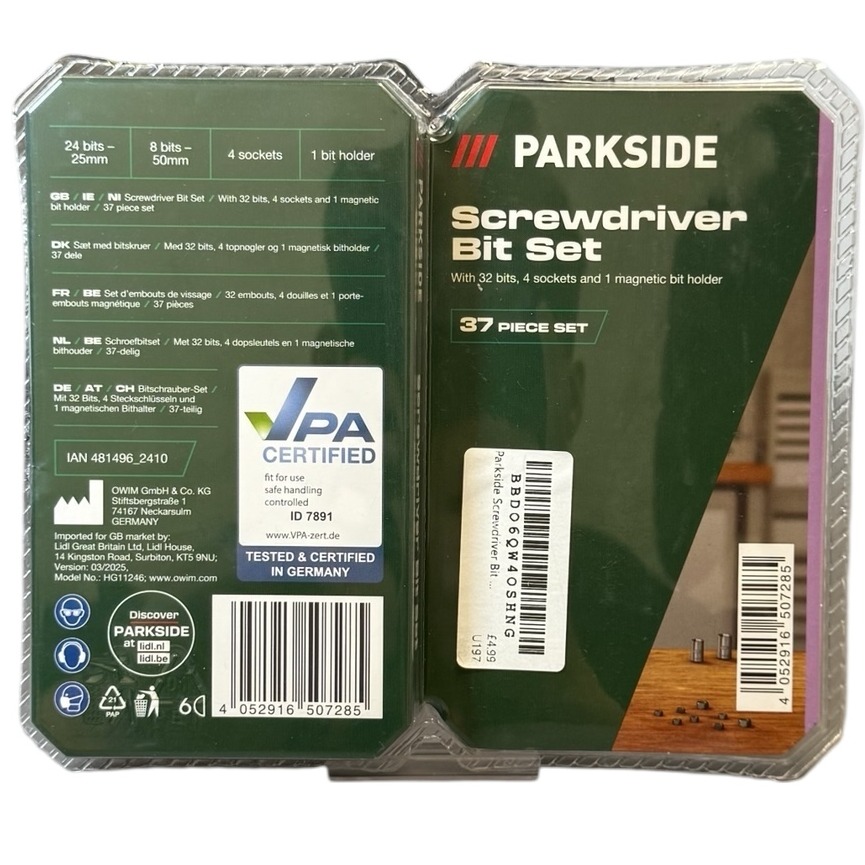 Product photo for New: Parkside Screwdriver Bit Set - 37Pcs