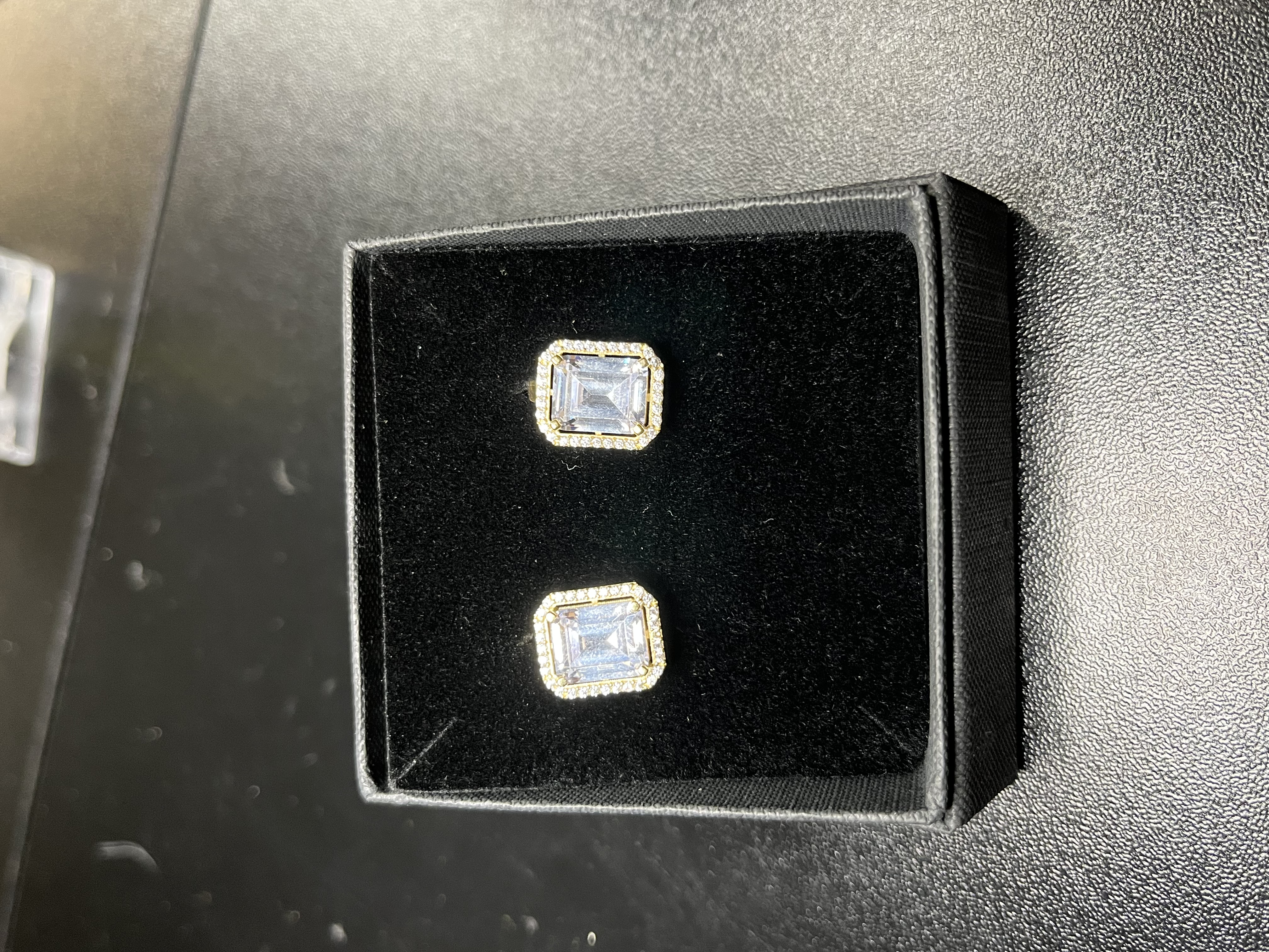 Product photo for 14ct Gold Rectangular CZ Halo Cluster Huggie Earrings –