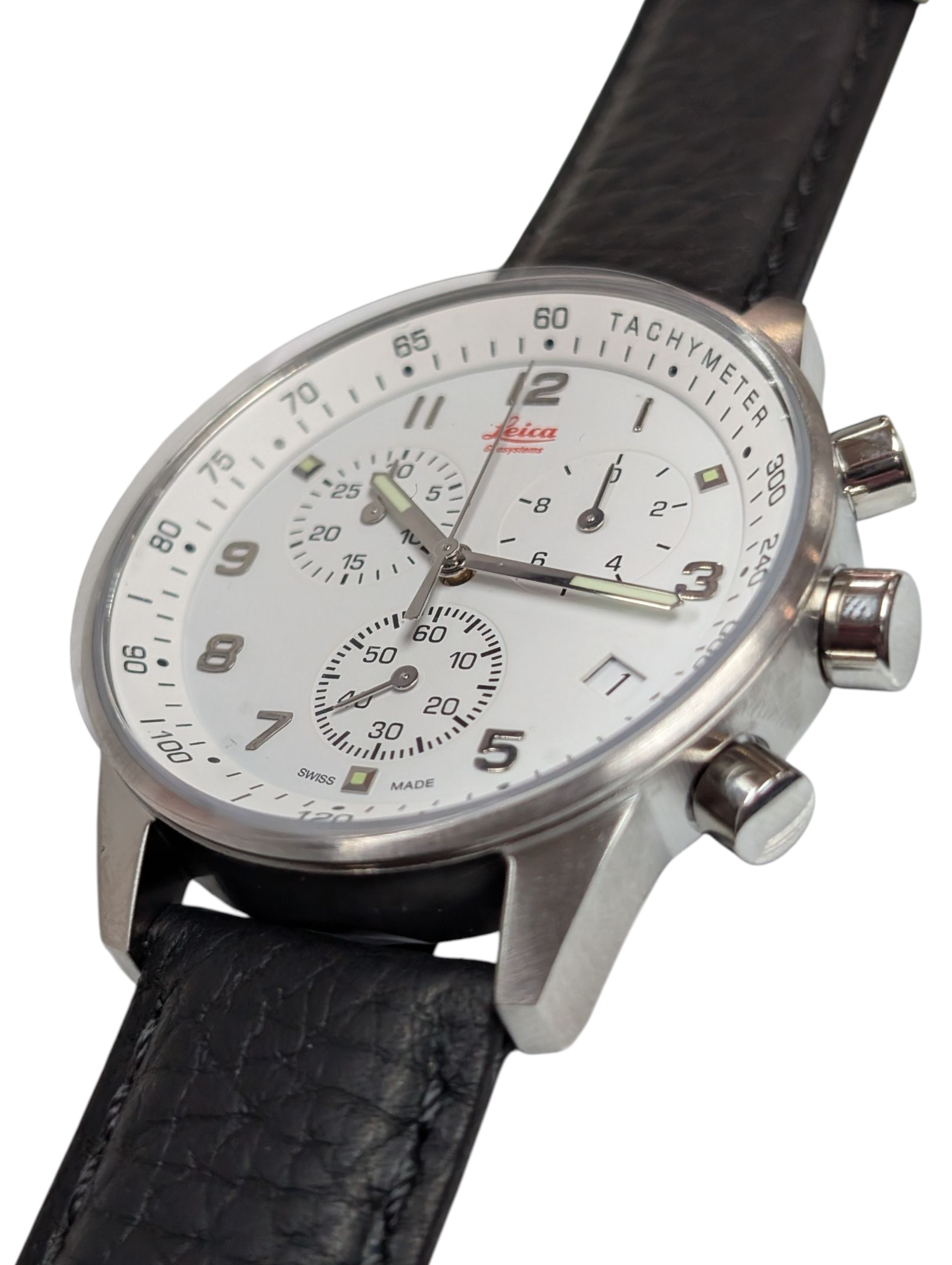 Product photo for Swiss Made Swiss Made Leica Men's Chronograph Stainless Steel White Dial Date 39mm Quartz