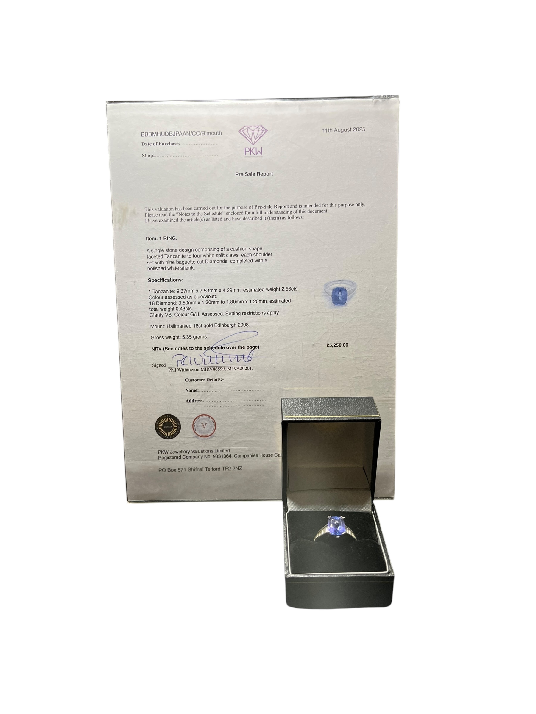 Product photo for 18ct Gold Ring with 2.56ct Tanzanite & VS Diamonds – Size K